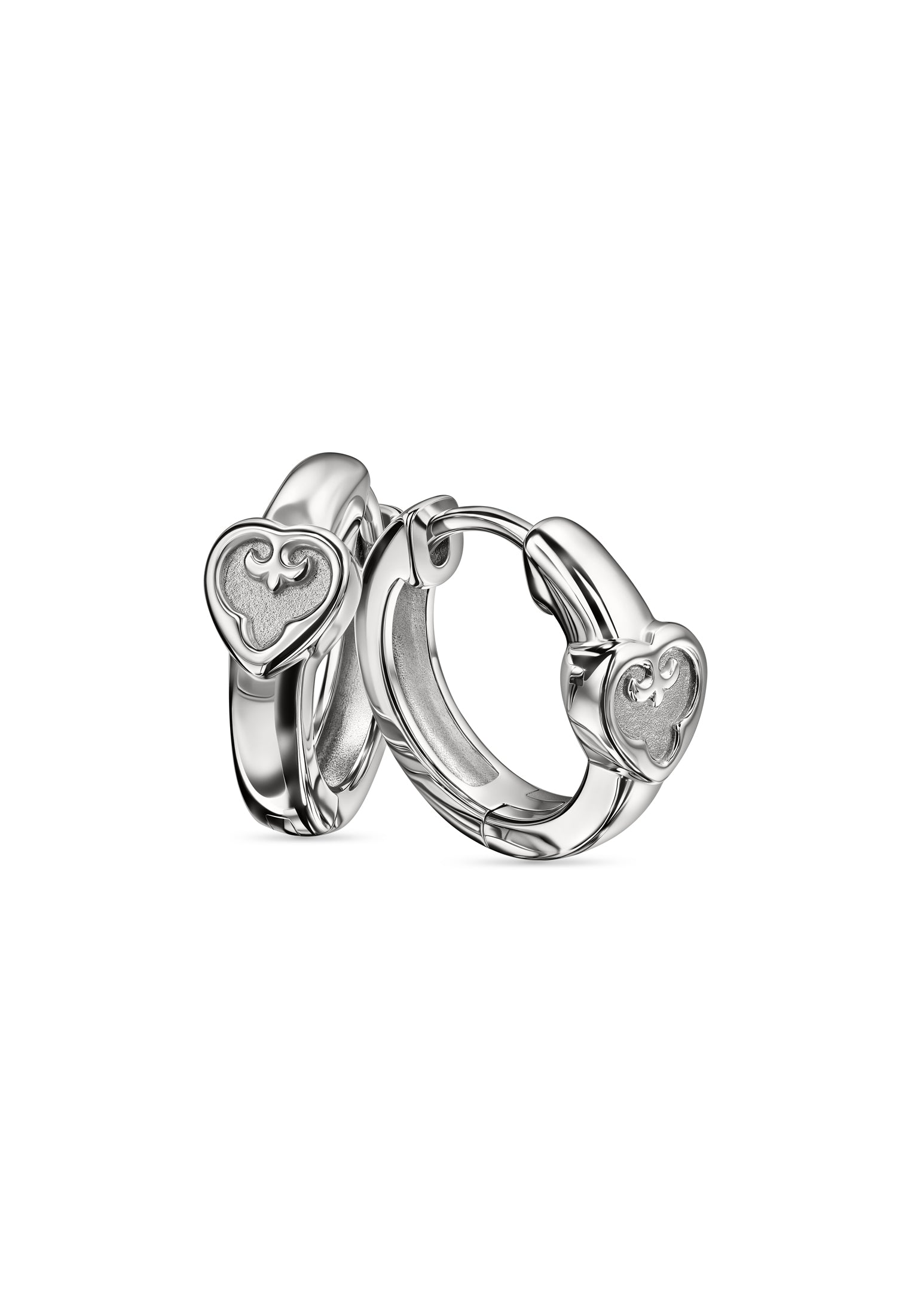 Pair of silver hoop earrings with heart designs on a white background