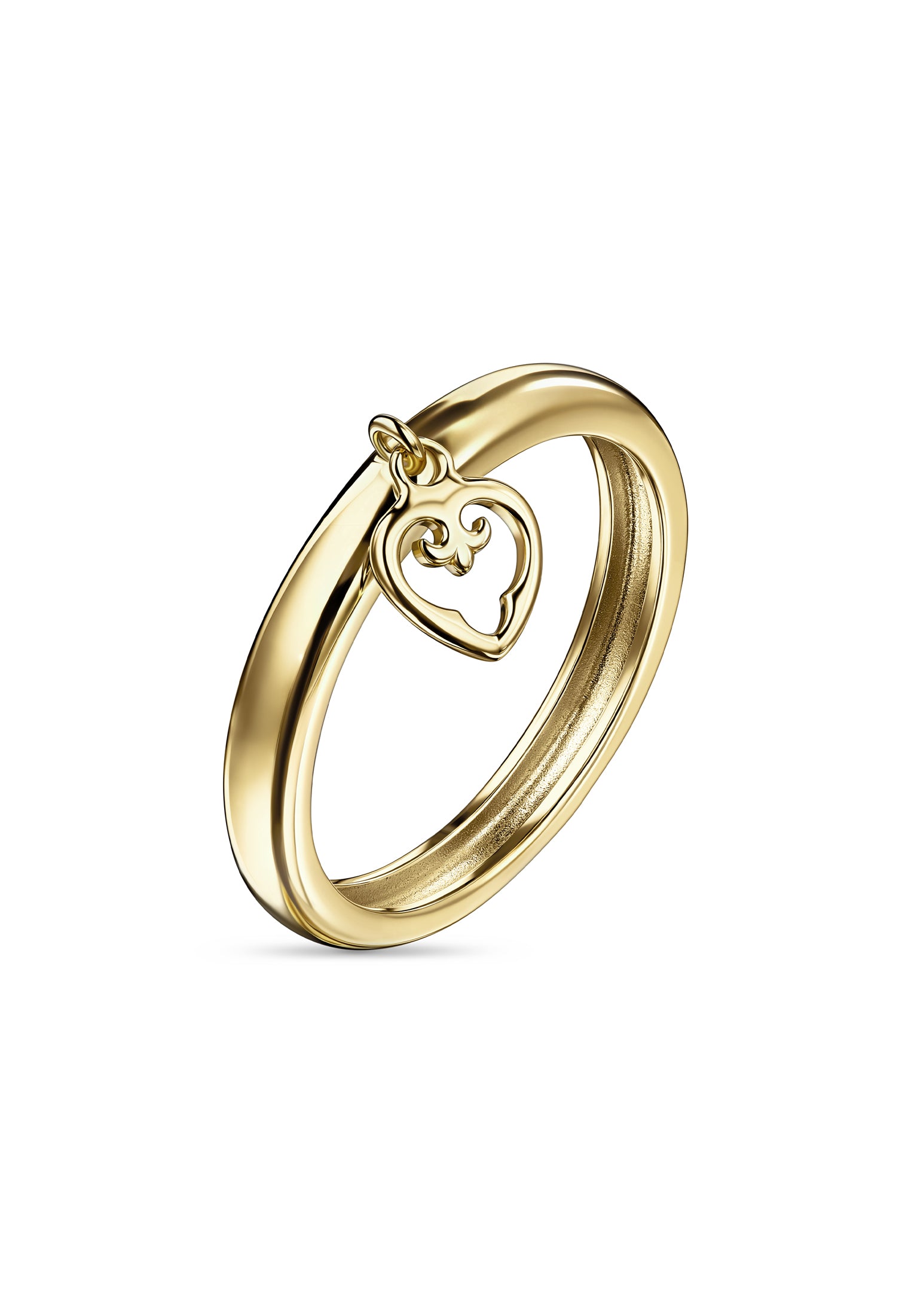 Gold ring with a heart-shaped design on a white background