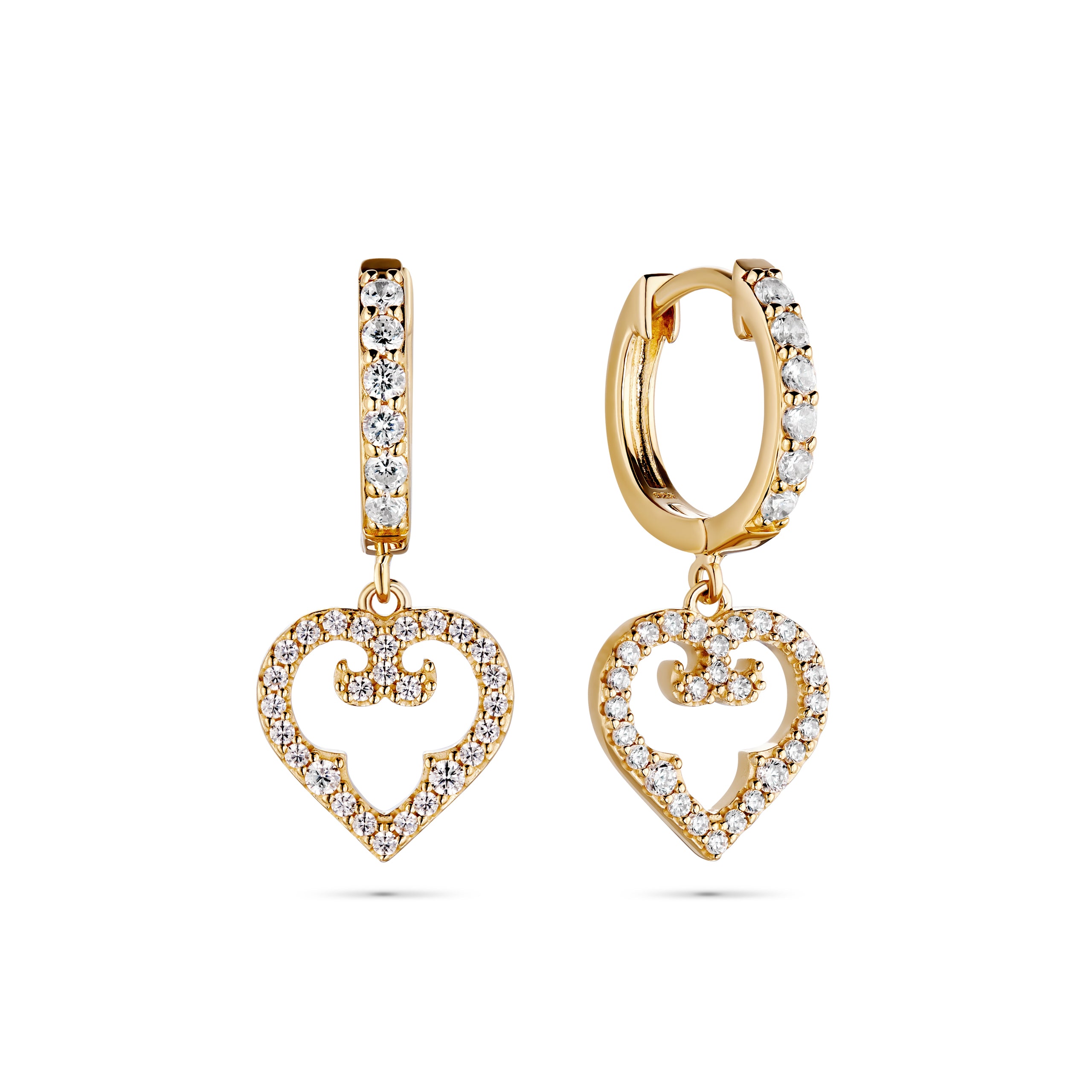 Gold heart-shaped earrings with clear stones on a white background