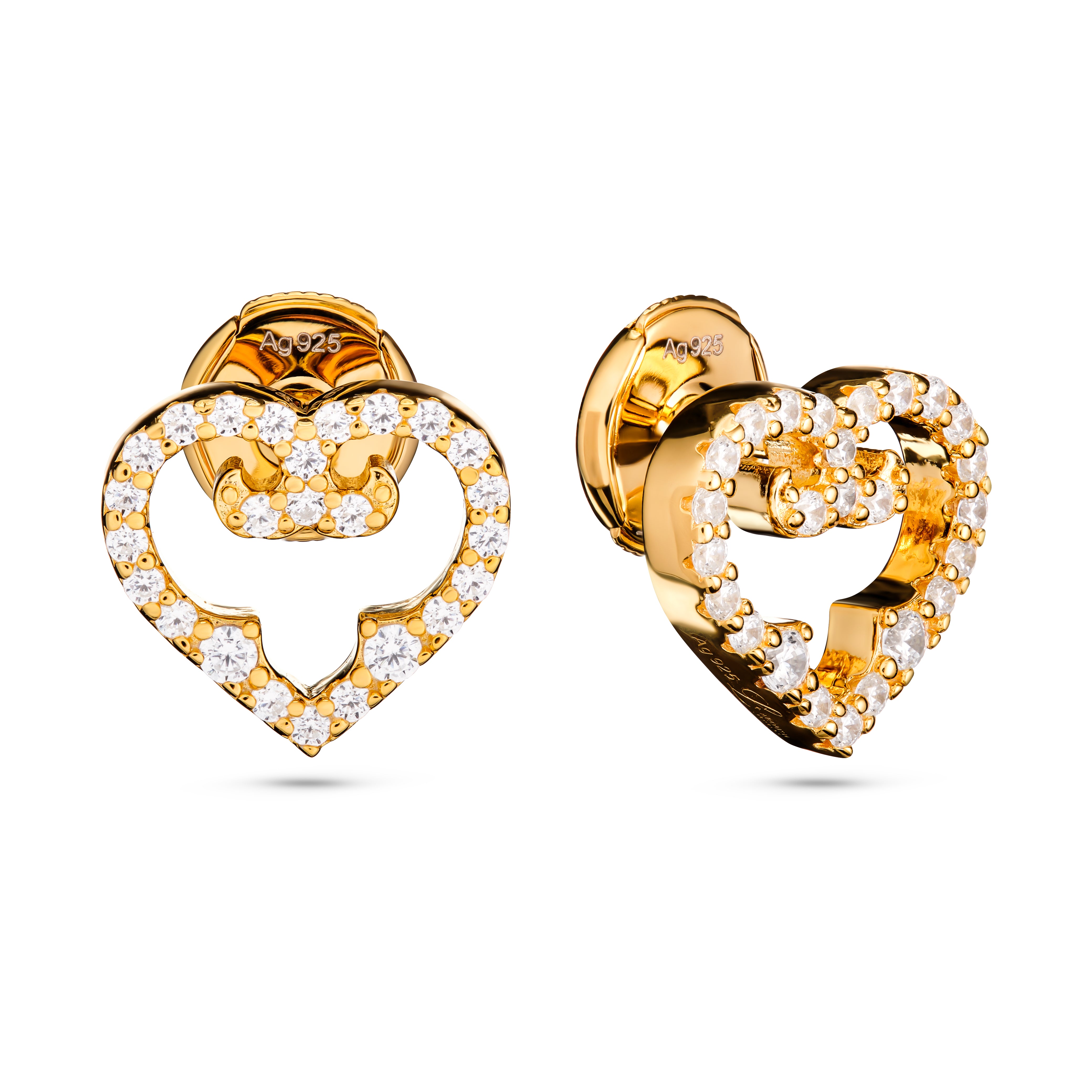 Gold heart-shaped earrings with clear gemstones on a white background