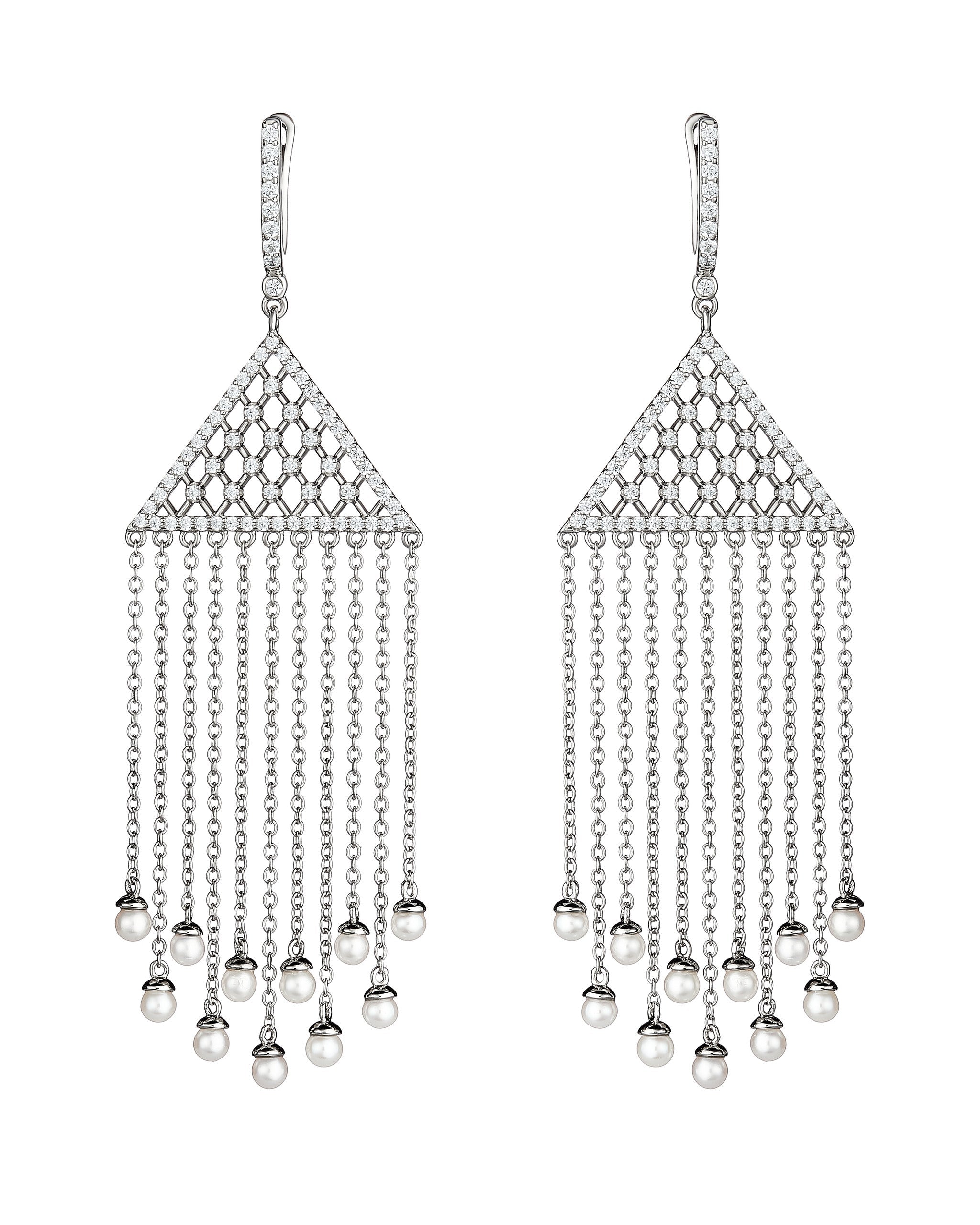 Pair of silver chain earrings with dangling beads on a white background