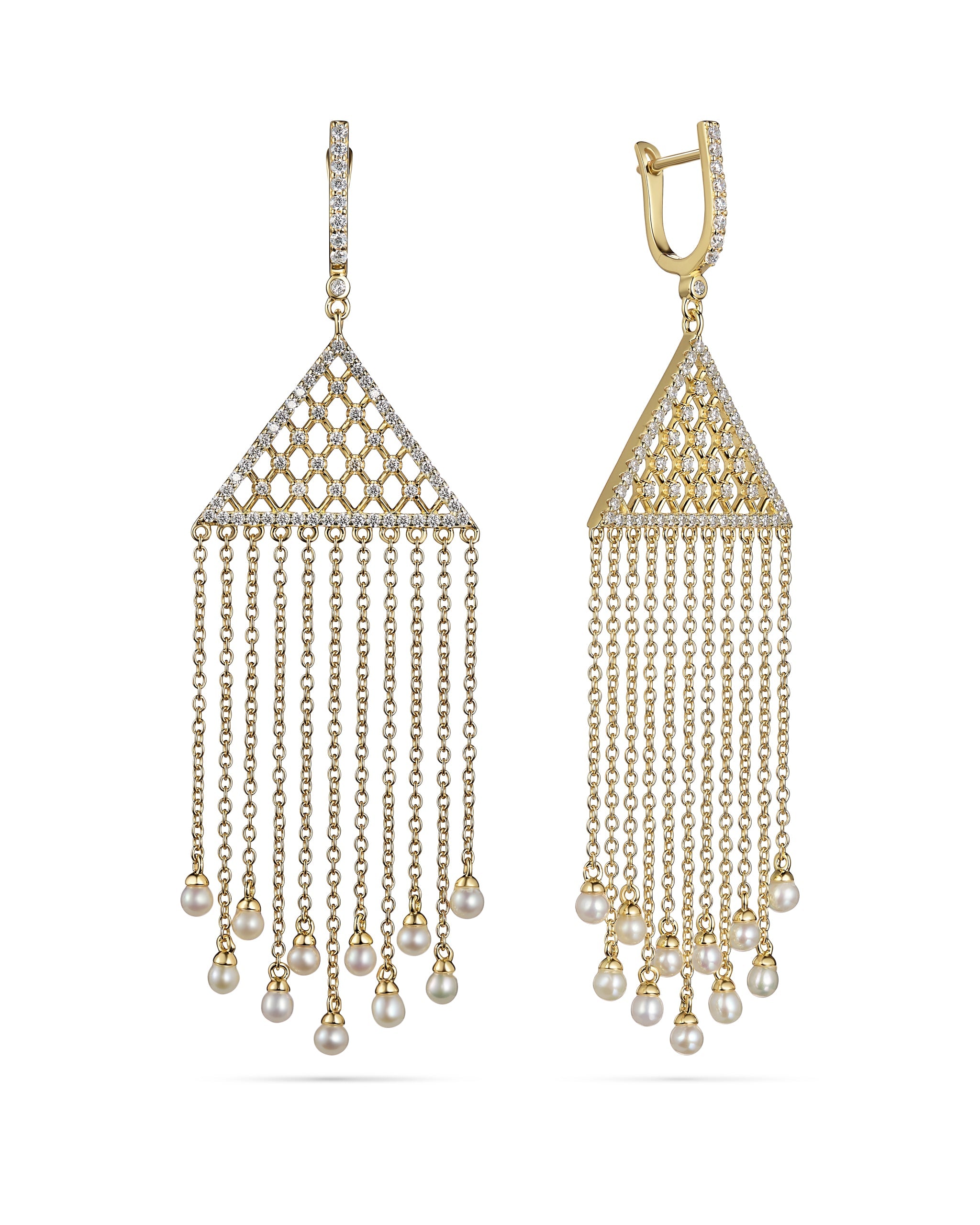 Gold and pearl chandelier earrings on a white background