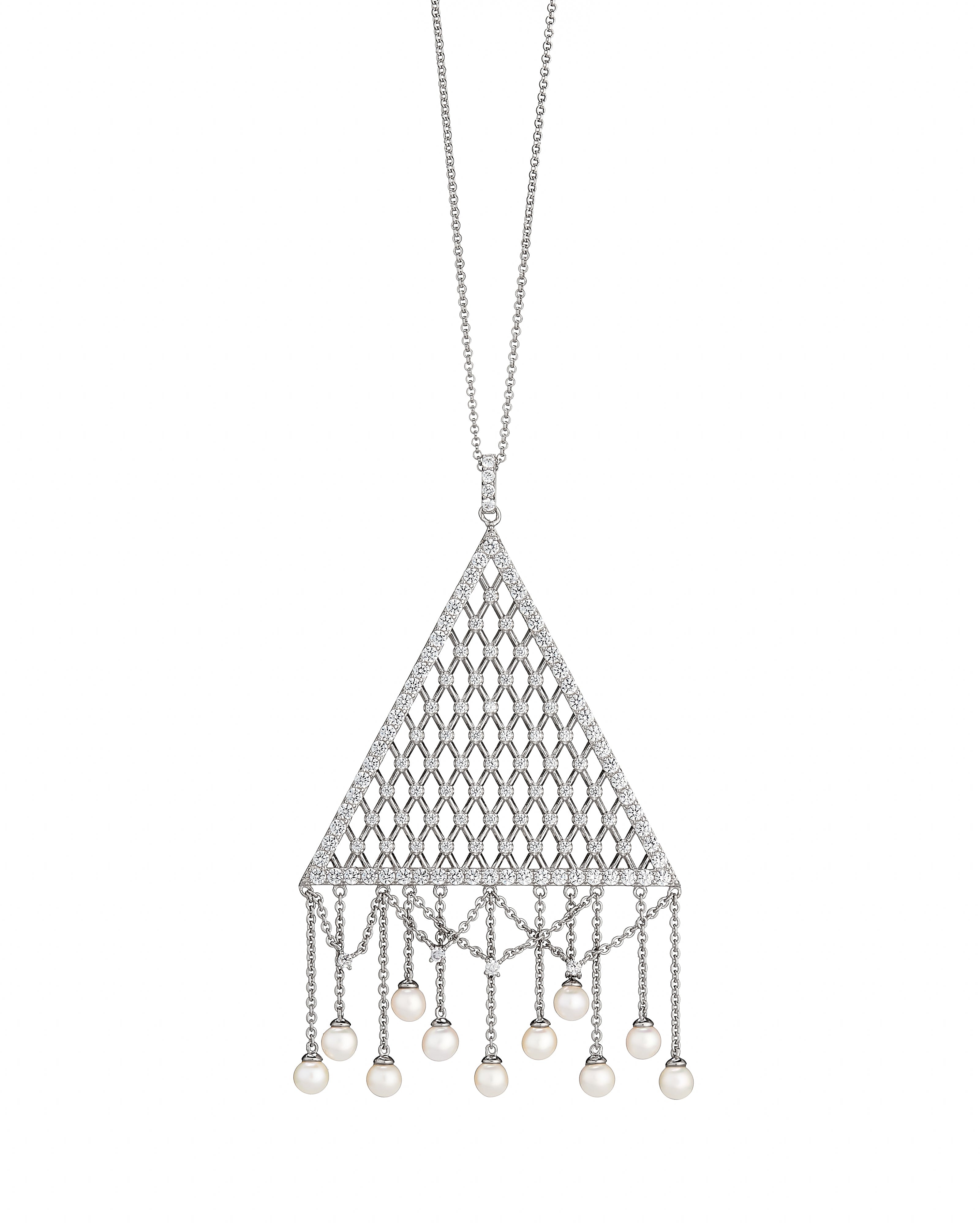 Silver necklace with a teardrop-shaped pendant and pearl drops on a white background