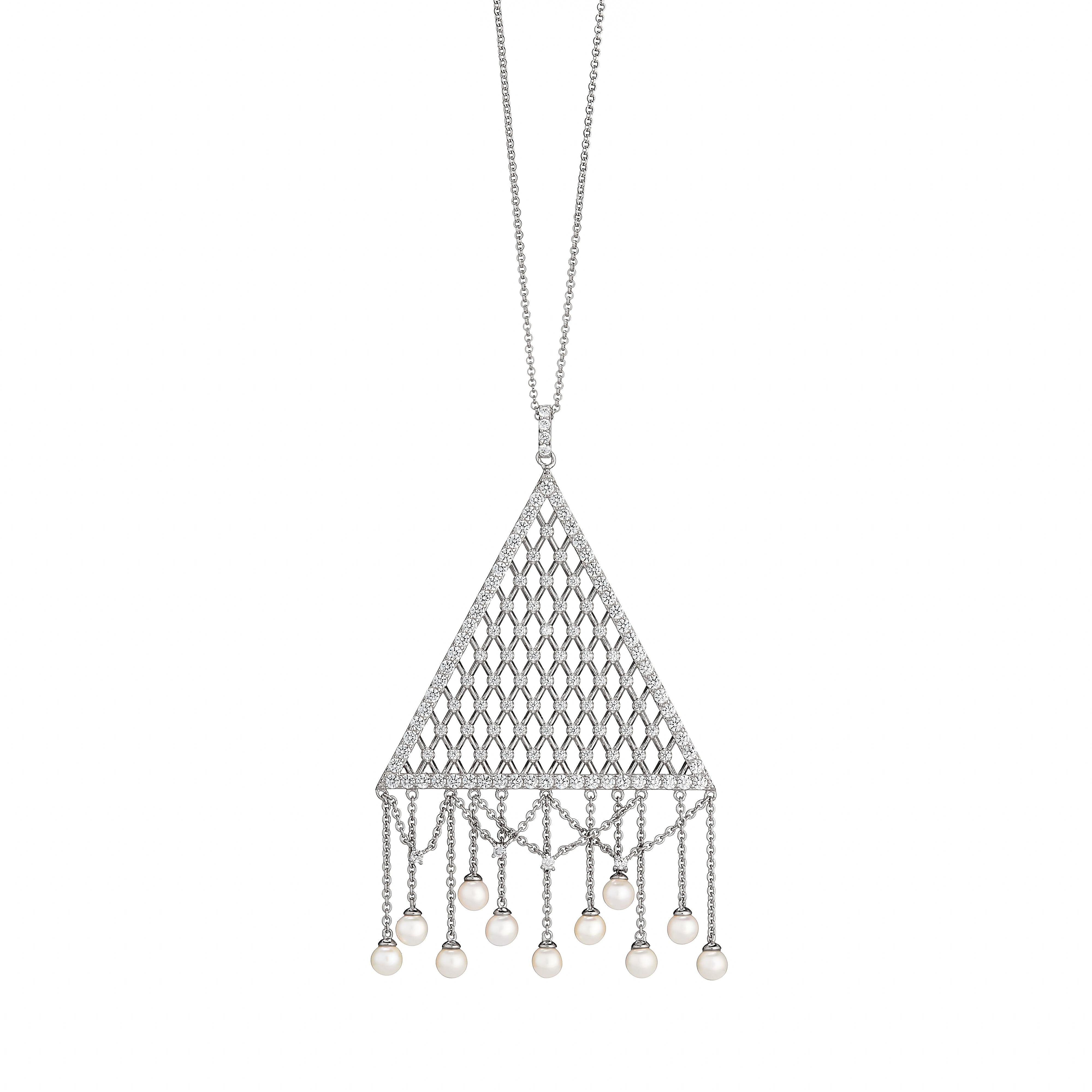Silver necklace with a teardrop-shaped pendant and pearl drops on a white background