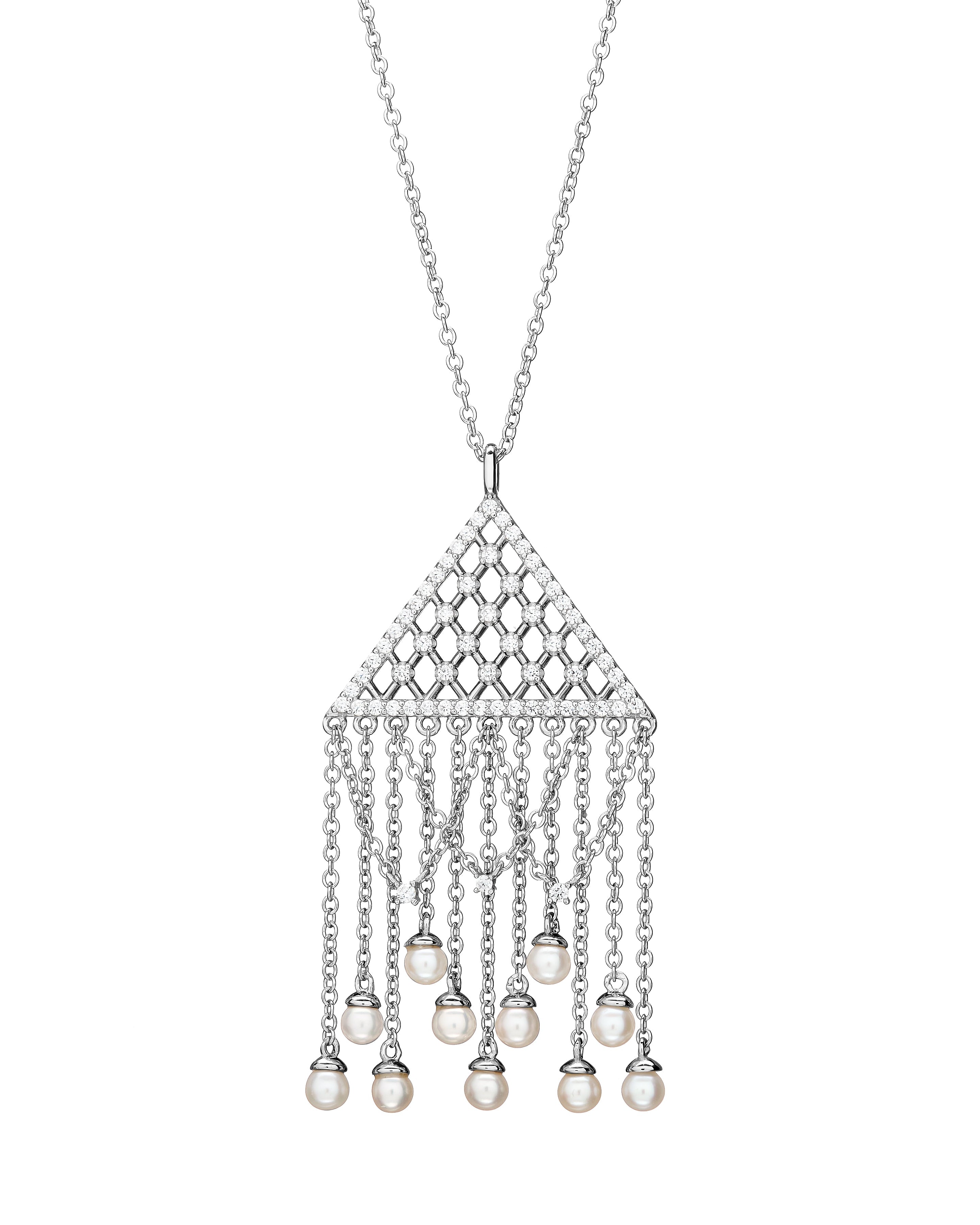 Silver necklace with a teardrop-shaped pendant and pearl drops on a white background