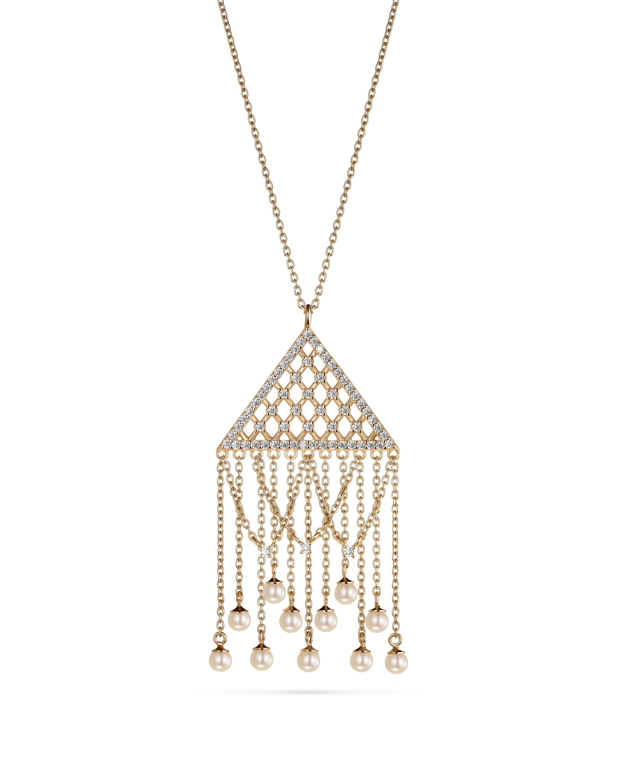 Gold necklace with a diamond-encrusted pendant and pearl fringes on a white background