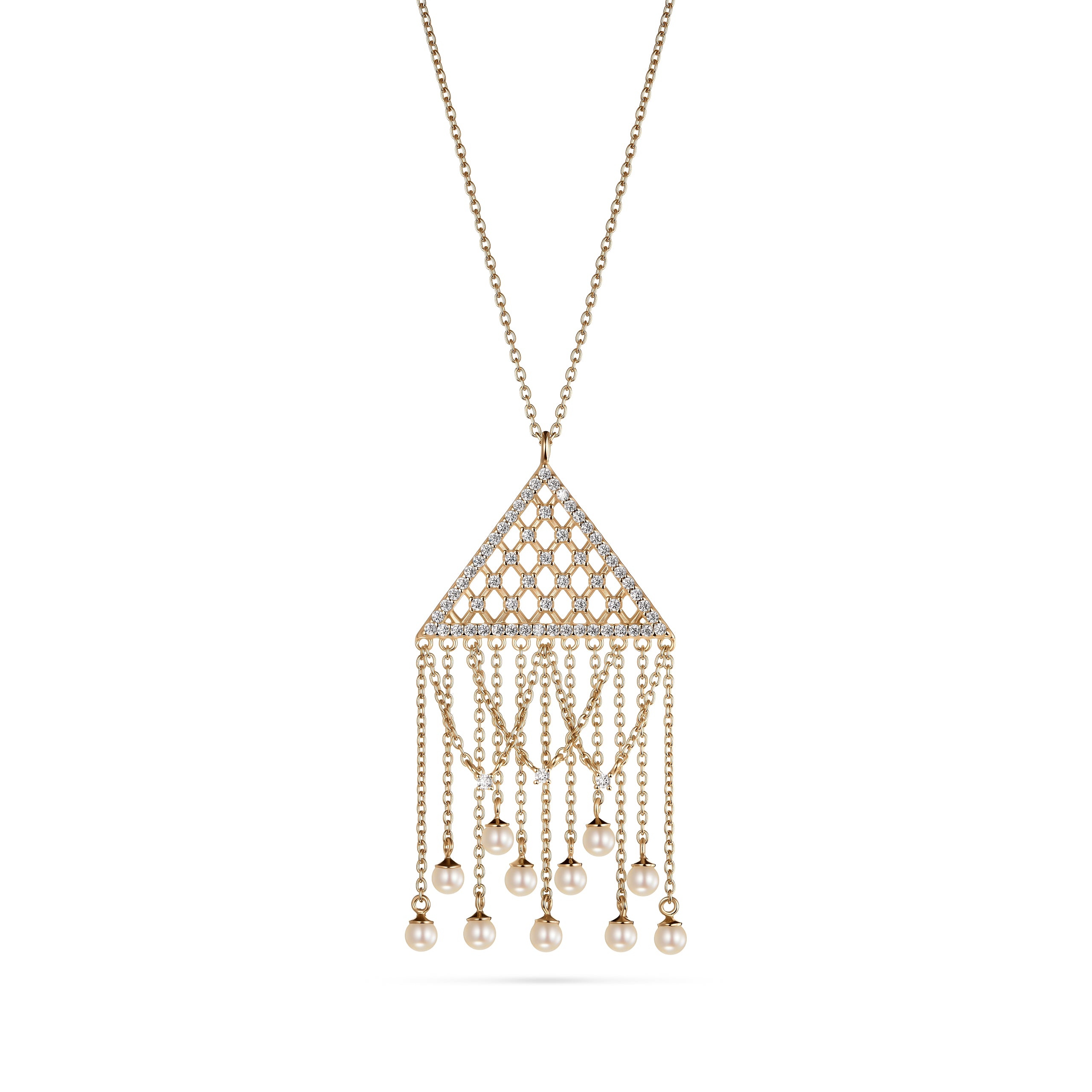Gold necklace with a diamond-encrusted pendant and pearl fringes on a white background