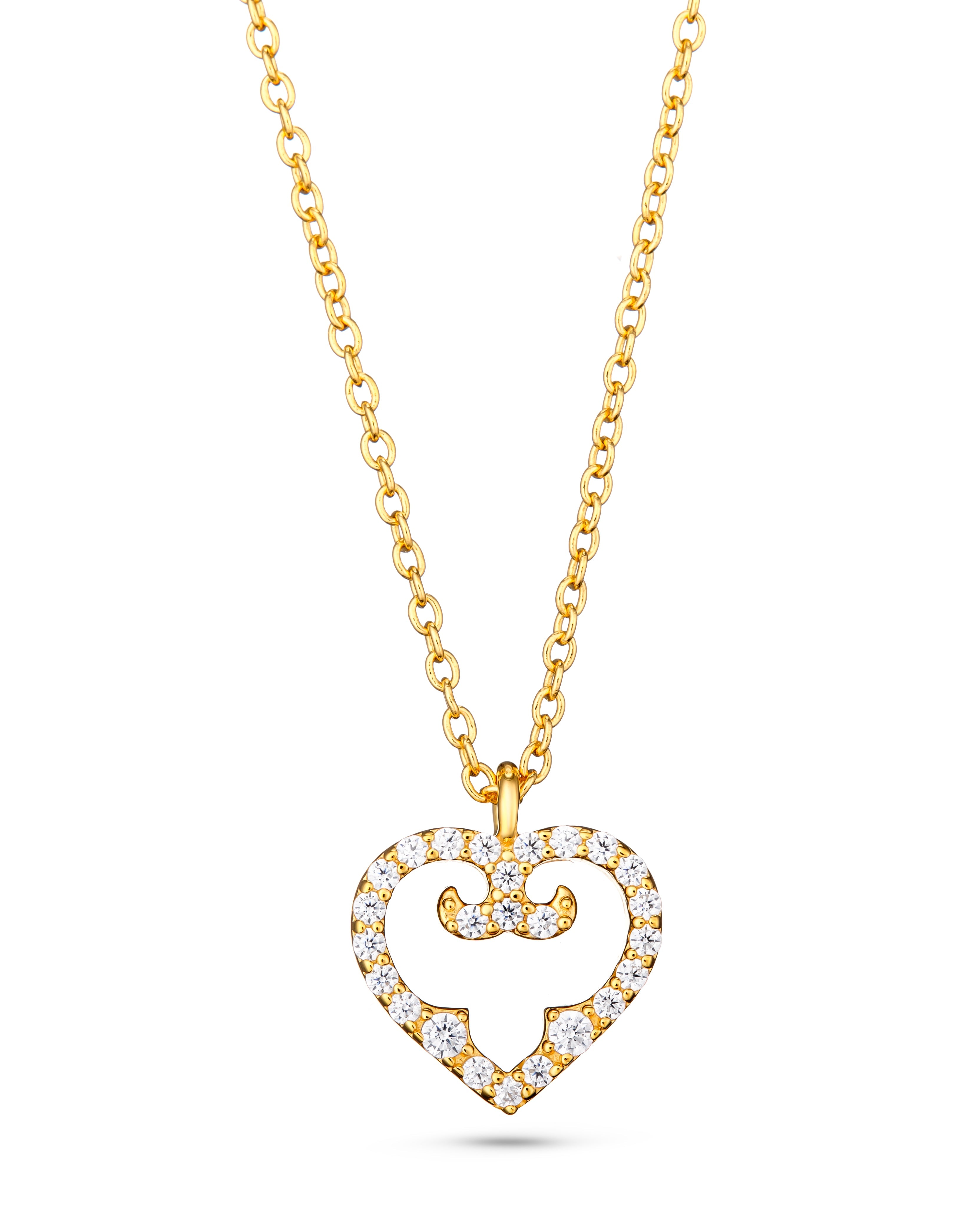 Gold necklace with a heart-shaped pendant on a white background