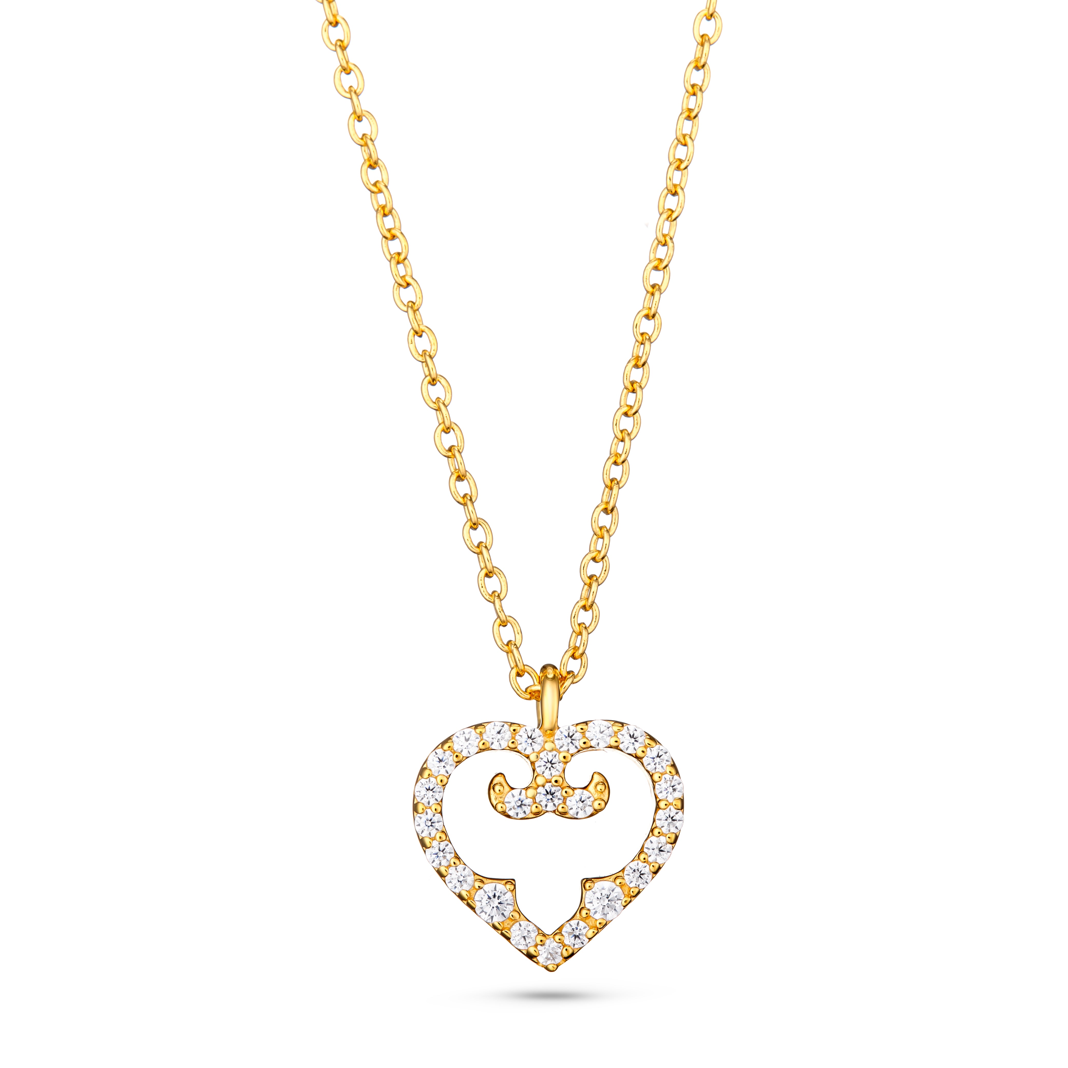 Gold necklace with a heart-shaped pendant on a white background