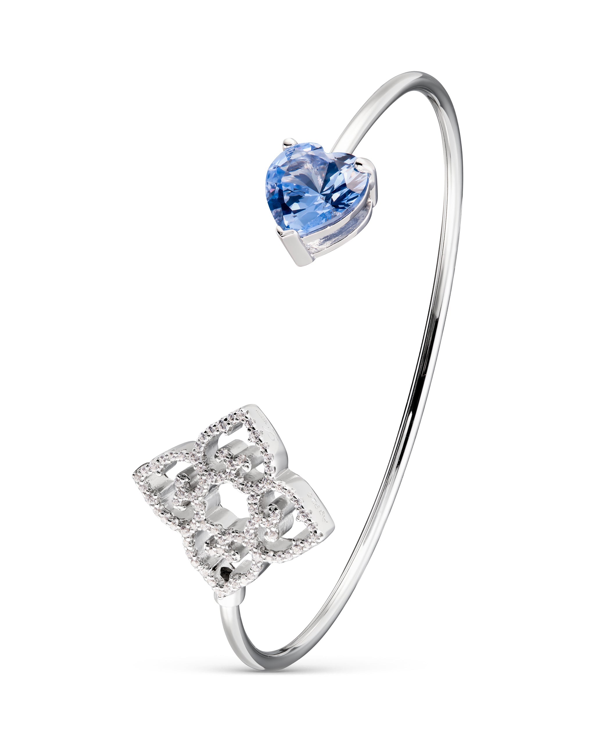 Rhodium plated open bangle with blue heart shaped stone