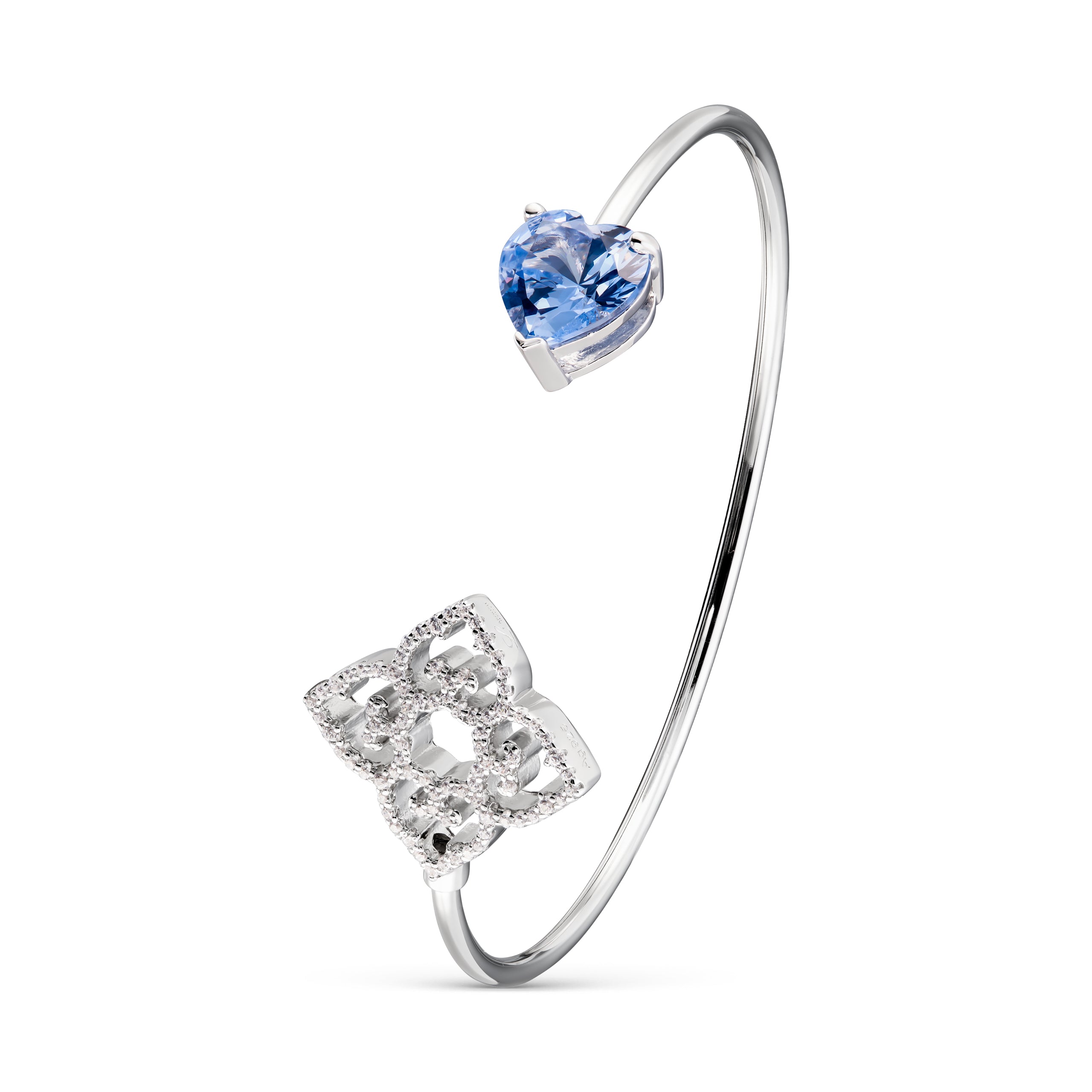 Rhodium plated open bangle with blue heart shaped stone