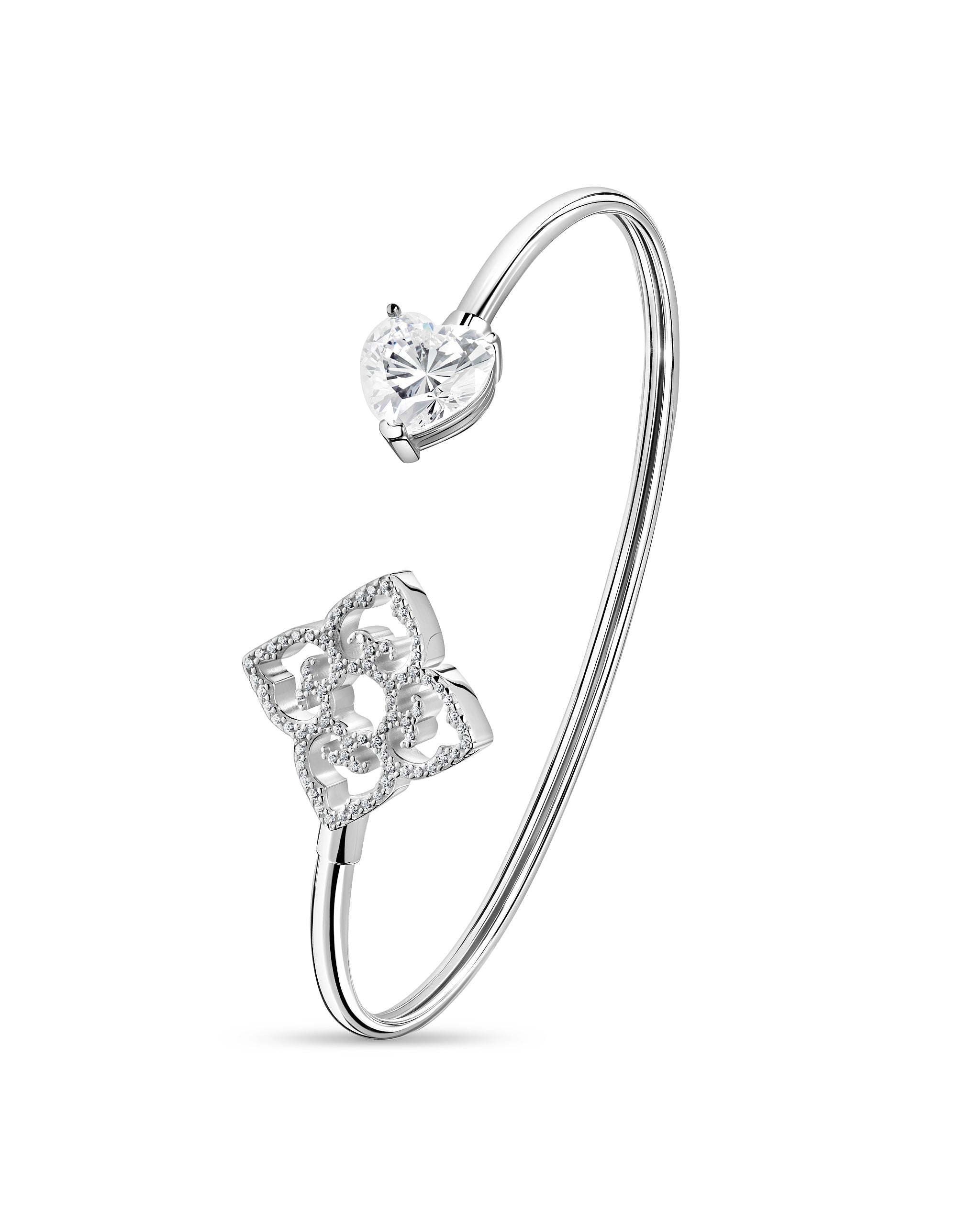 Rhodium plated open bangle with heart shaped white stone