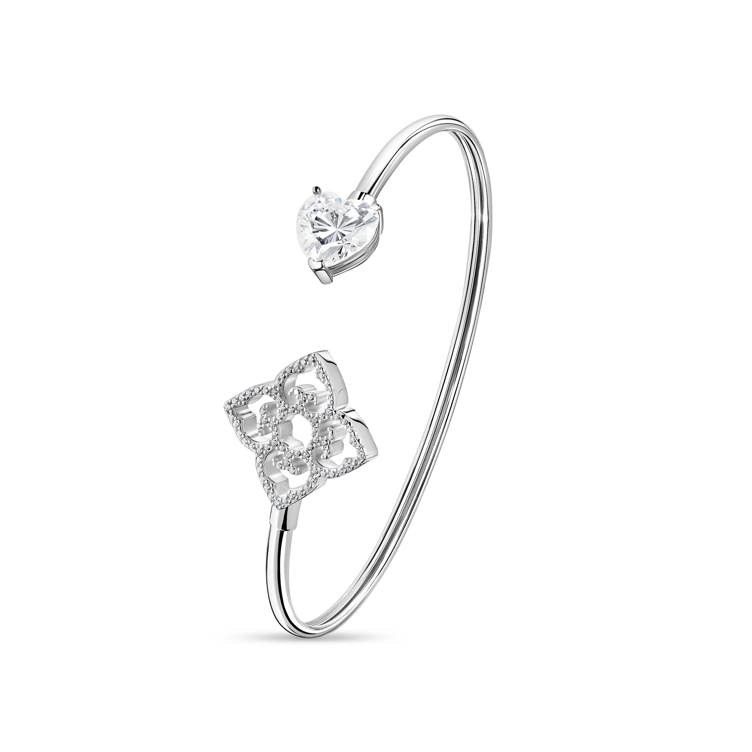 Rhodium plated open bangle with heart shaped white stone