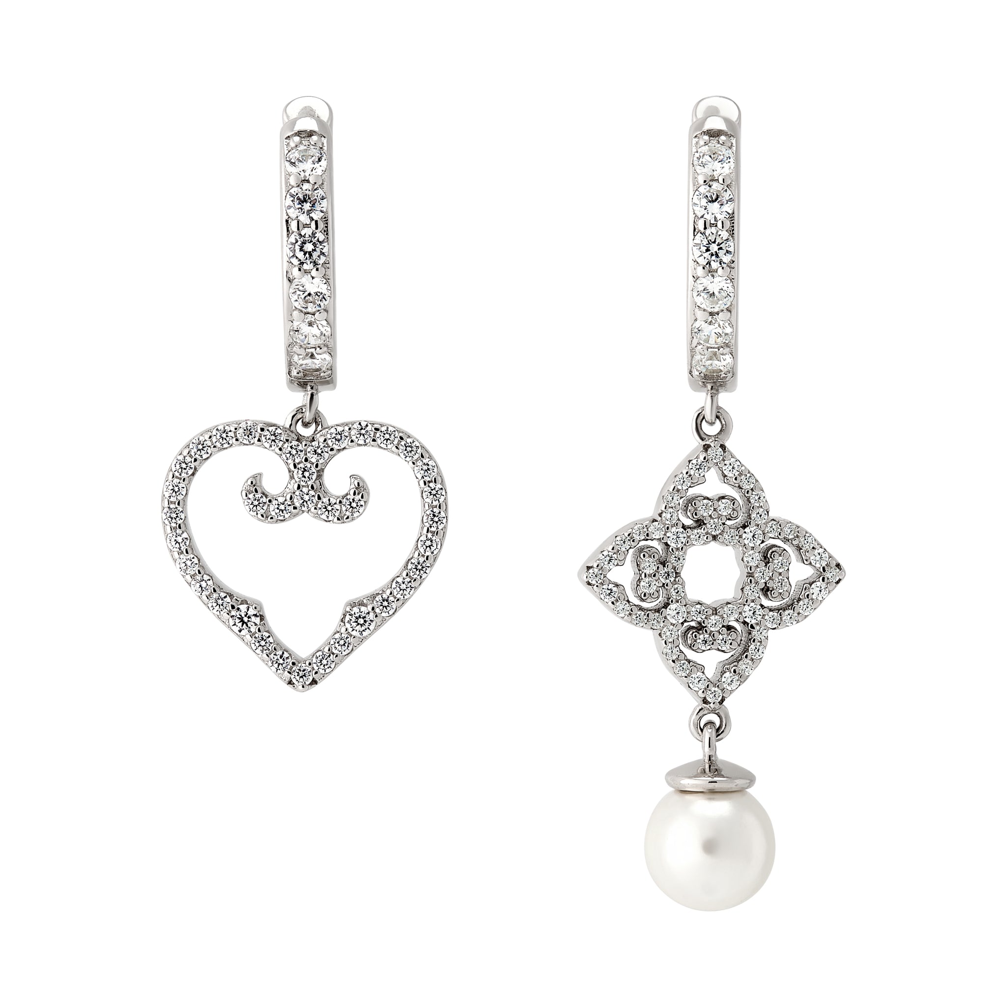 Pair of silver earrings with heart and clover designs on a white background