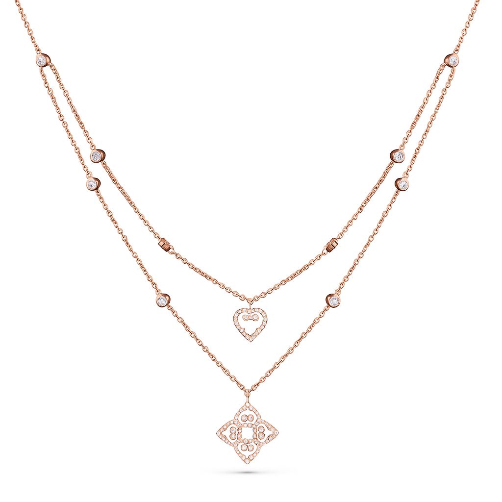 Rose gold necklace with heart and square pendants on a white background