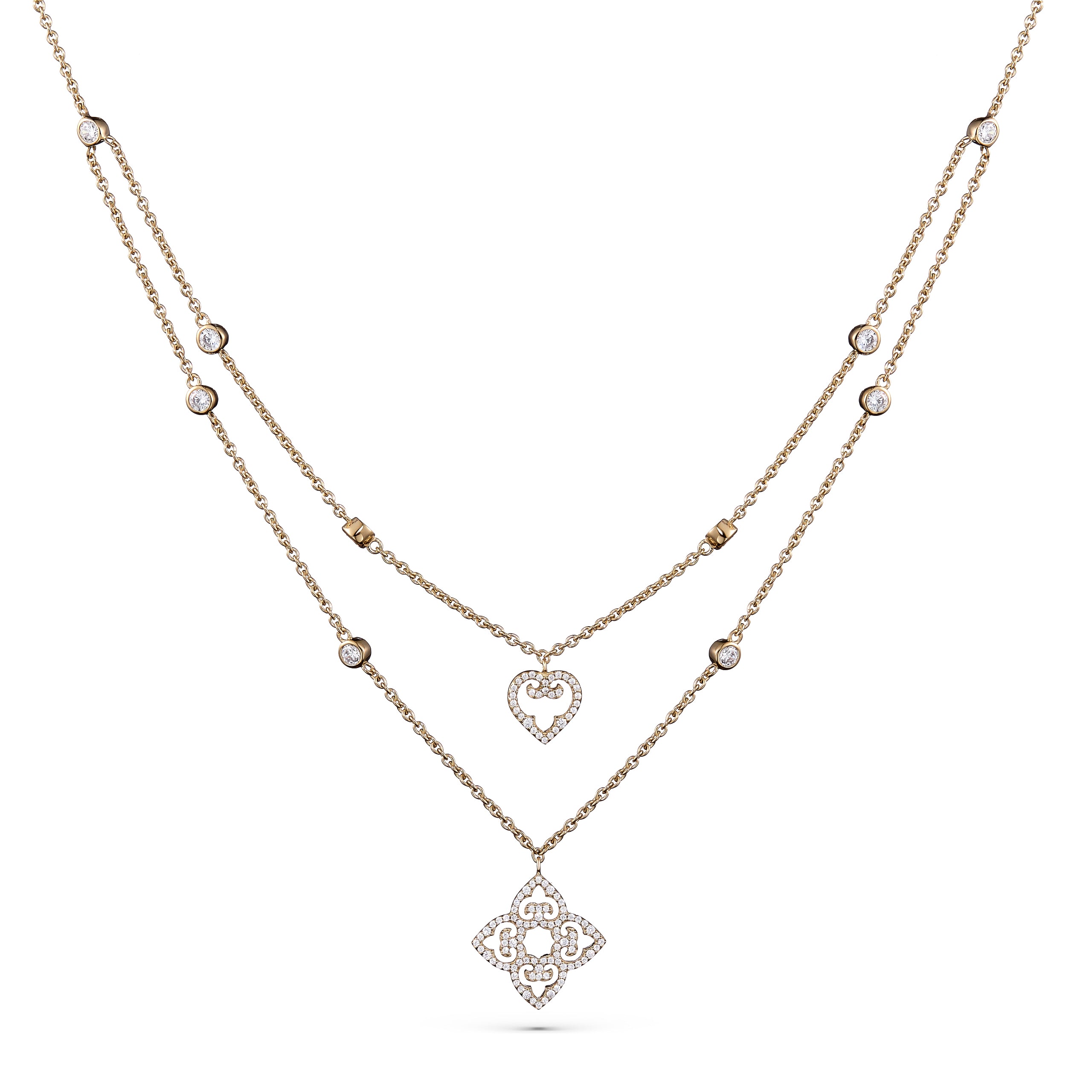Two yellow gold necklaces with diamond pendants on a white background