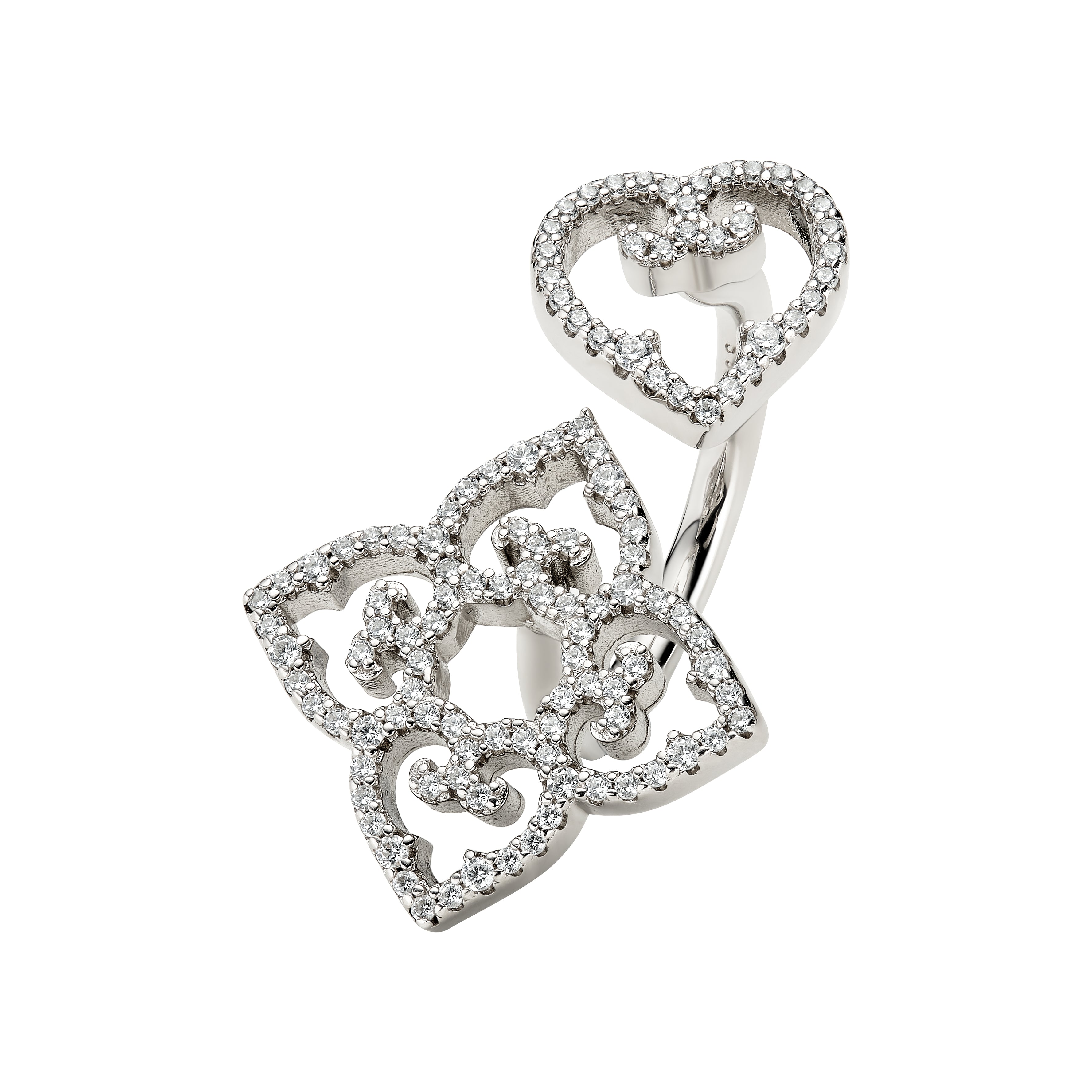 Silver heart-shaped pendant with embedded stones on a white background