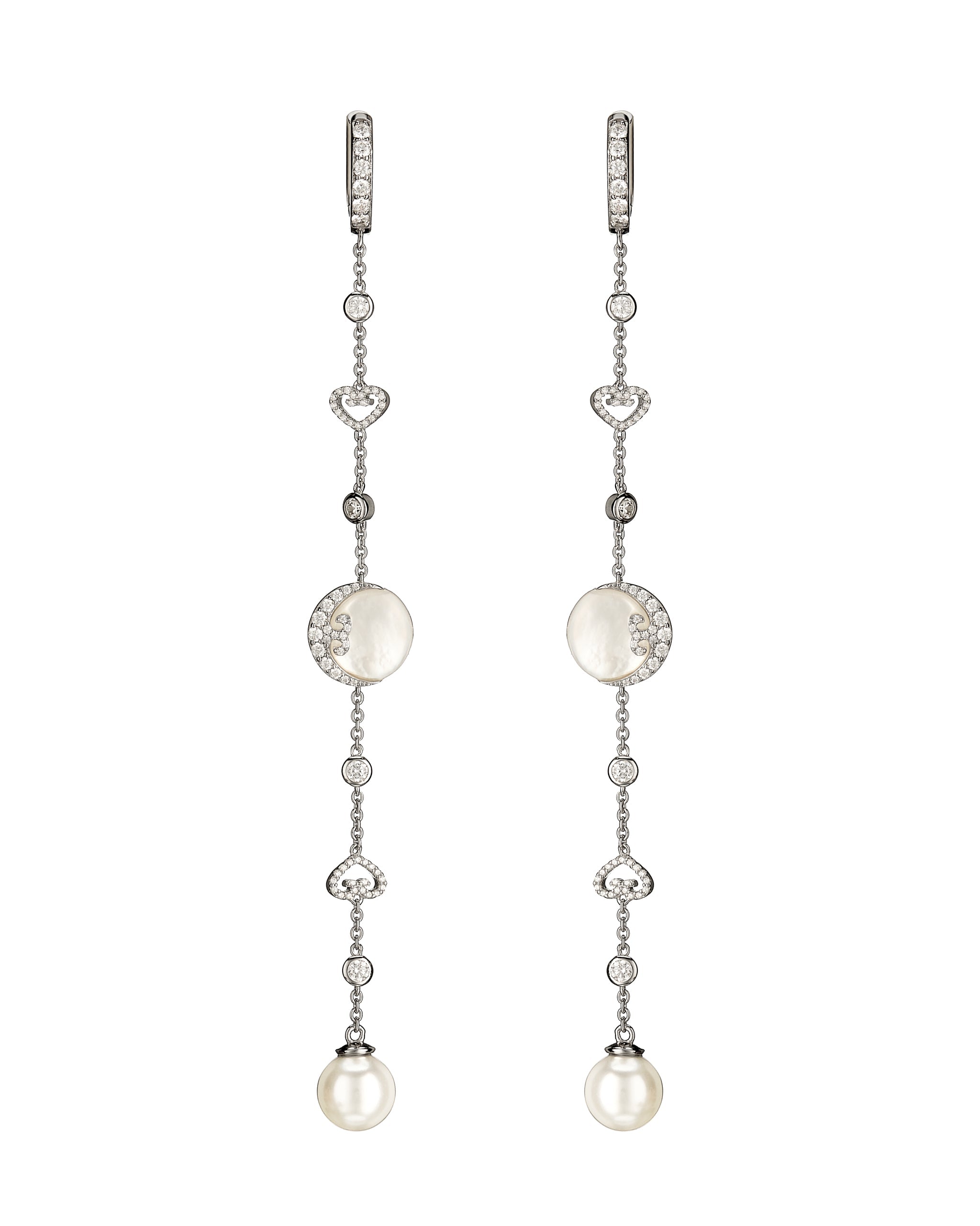 Long silver earrings with pearl and diamond accents on a white background