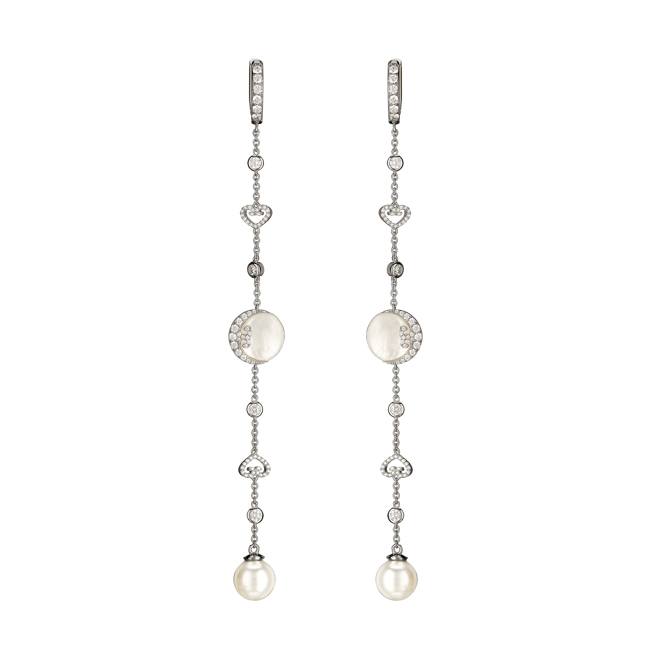 Long silver earrings with pearl and diamond accents on a white background