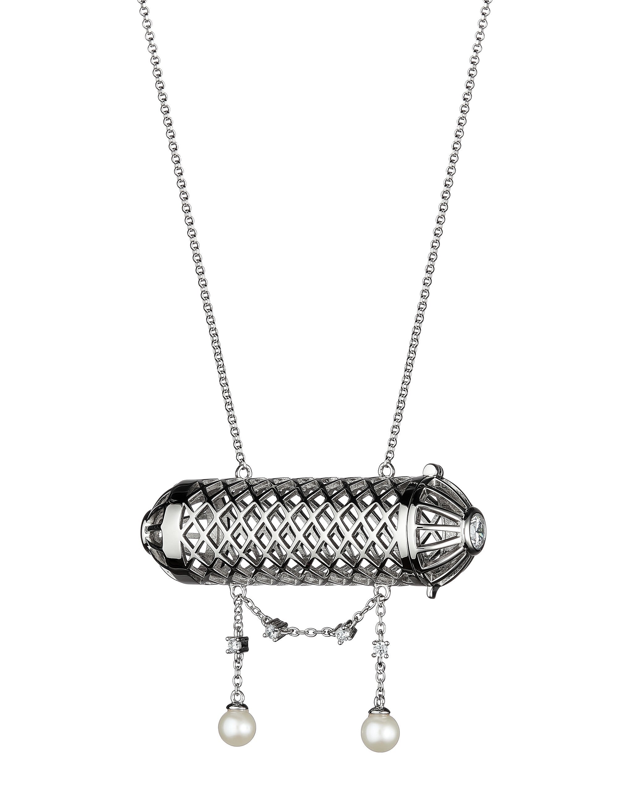 Silver necklace with a cylindrical pendant and pearl drops on a white background