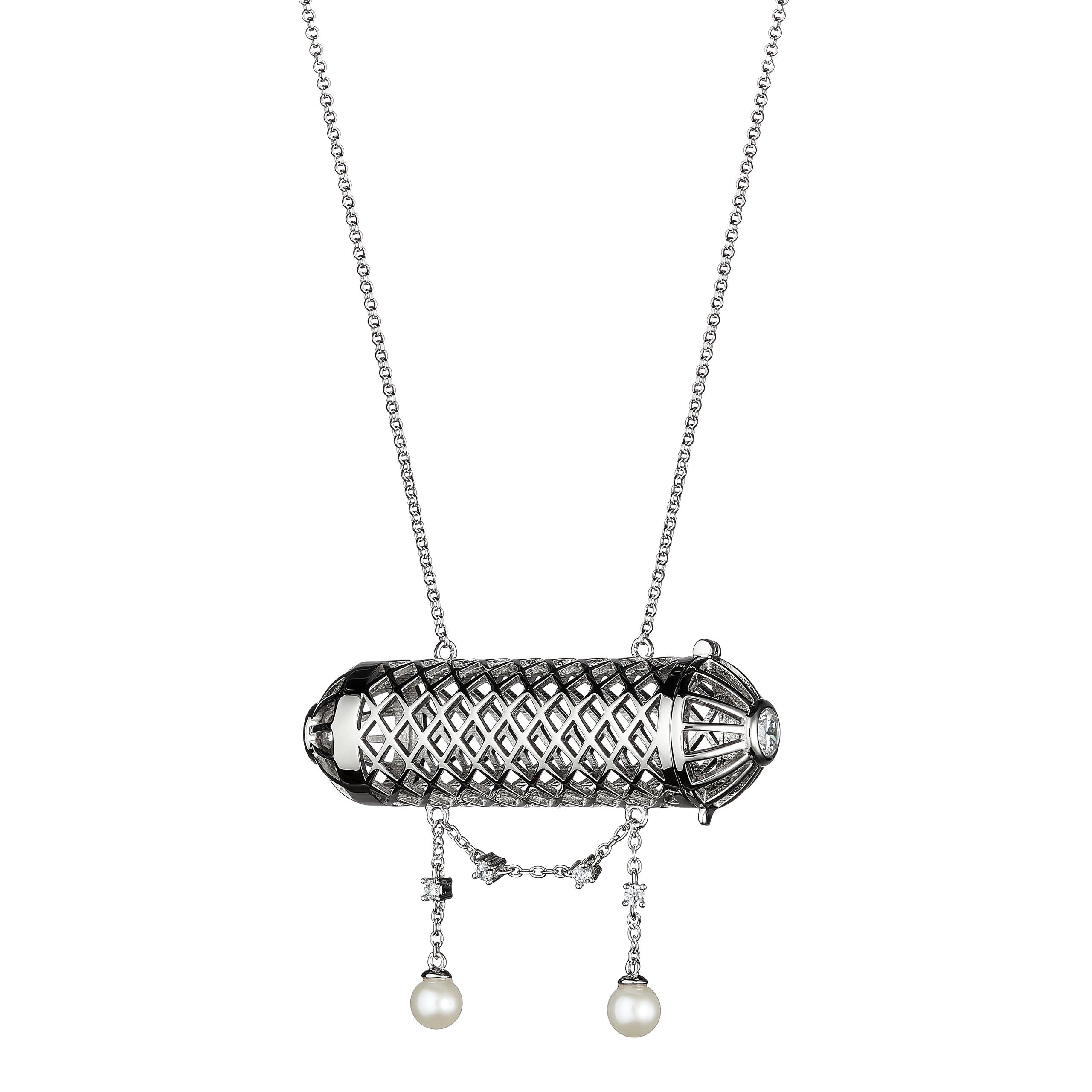 Silver necklace with a cylindrical pendant and pearl drops on a white background