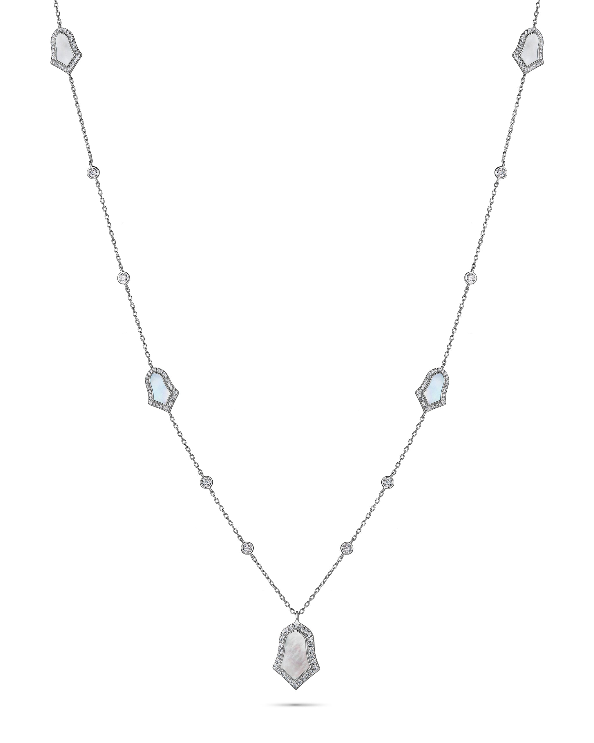 Necklace with geometric pendants on a white background