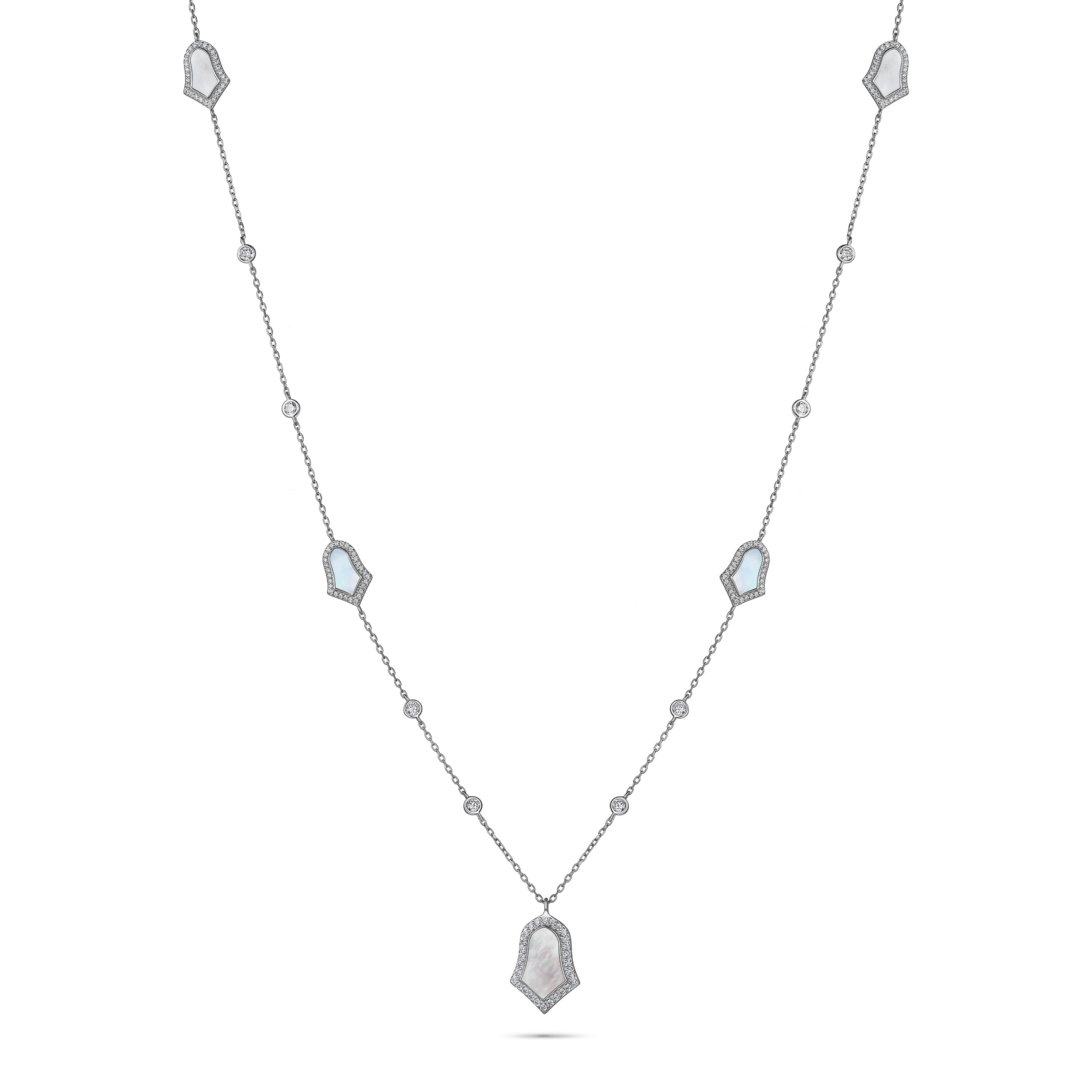 Necklace with geometric pendants on a white background