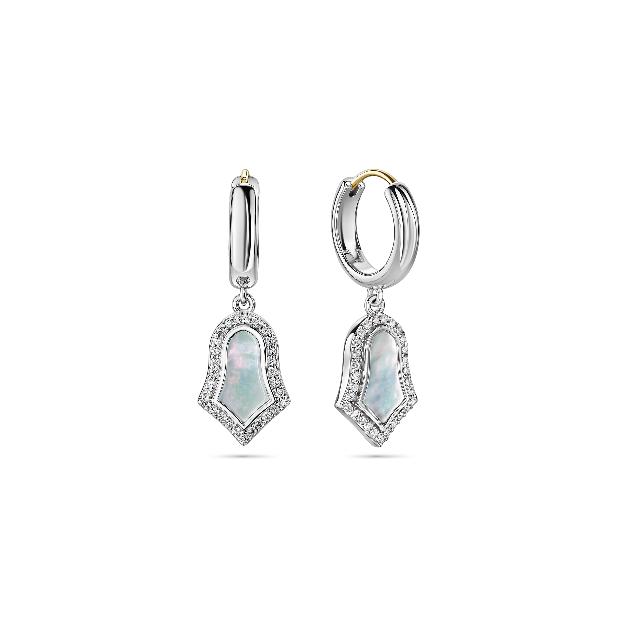 Pair of silver hoop earrings with gemstone drops on a white background