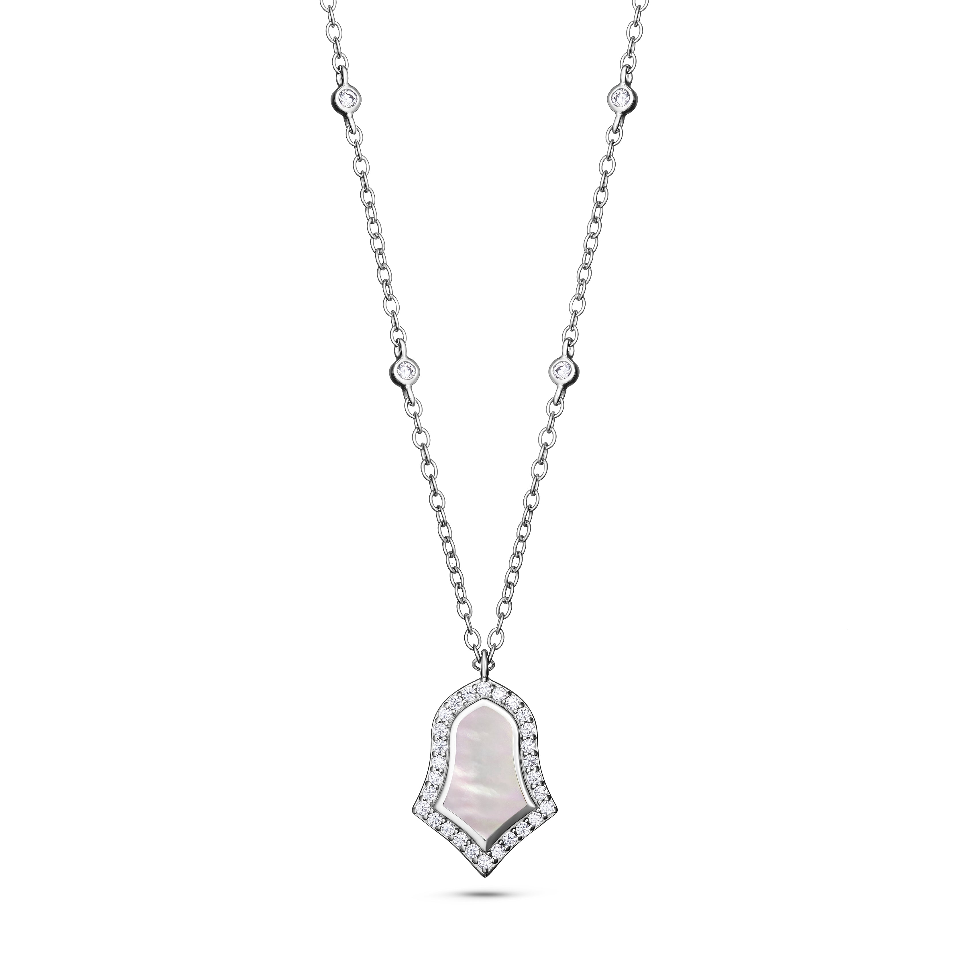 Necklace with a pendant featuring a white stone on a white background