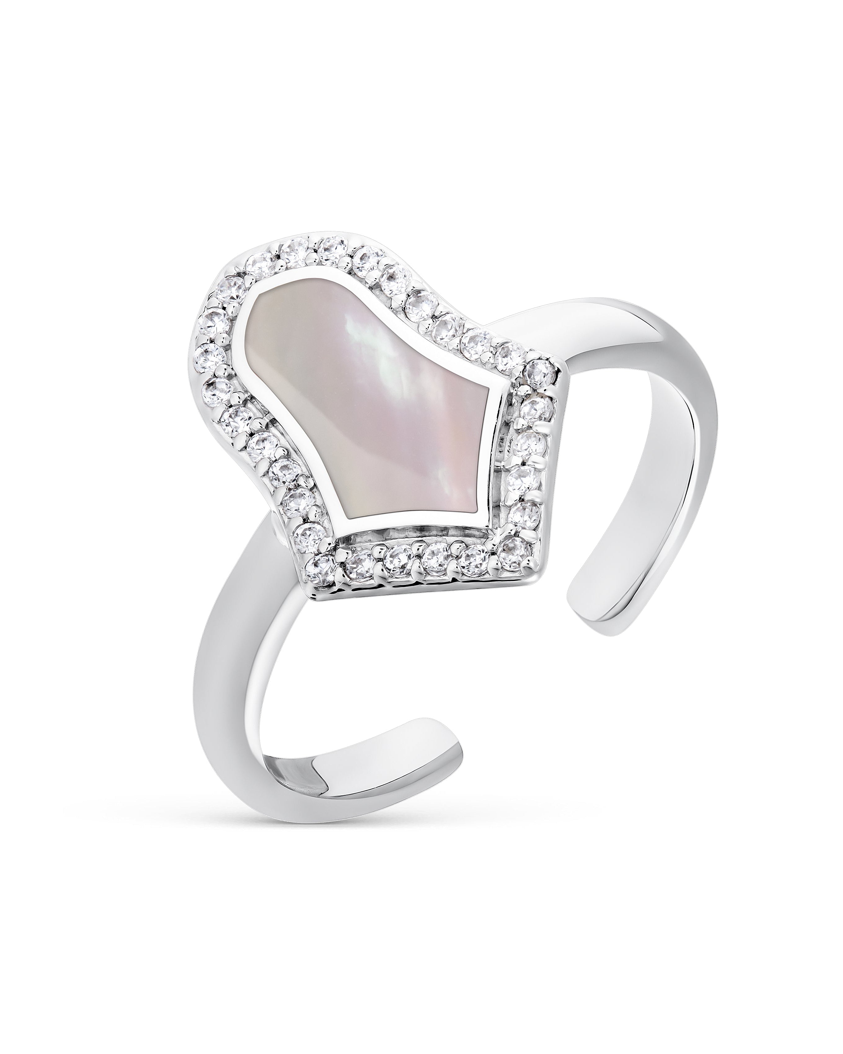 Silver ring with a heart-shaped pink stone and diamond accents on a white background