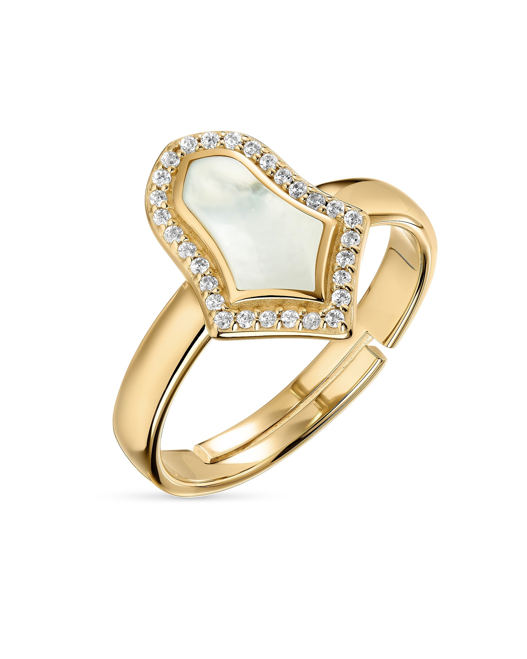 Gold ring with a heart-shaped gemstone and diamond accents on a white background