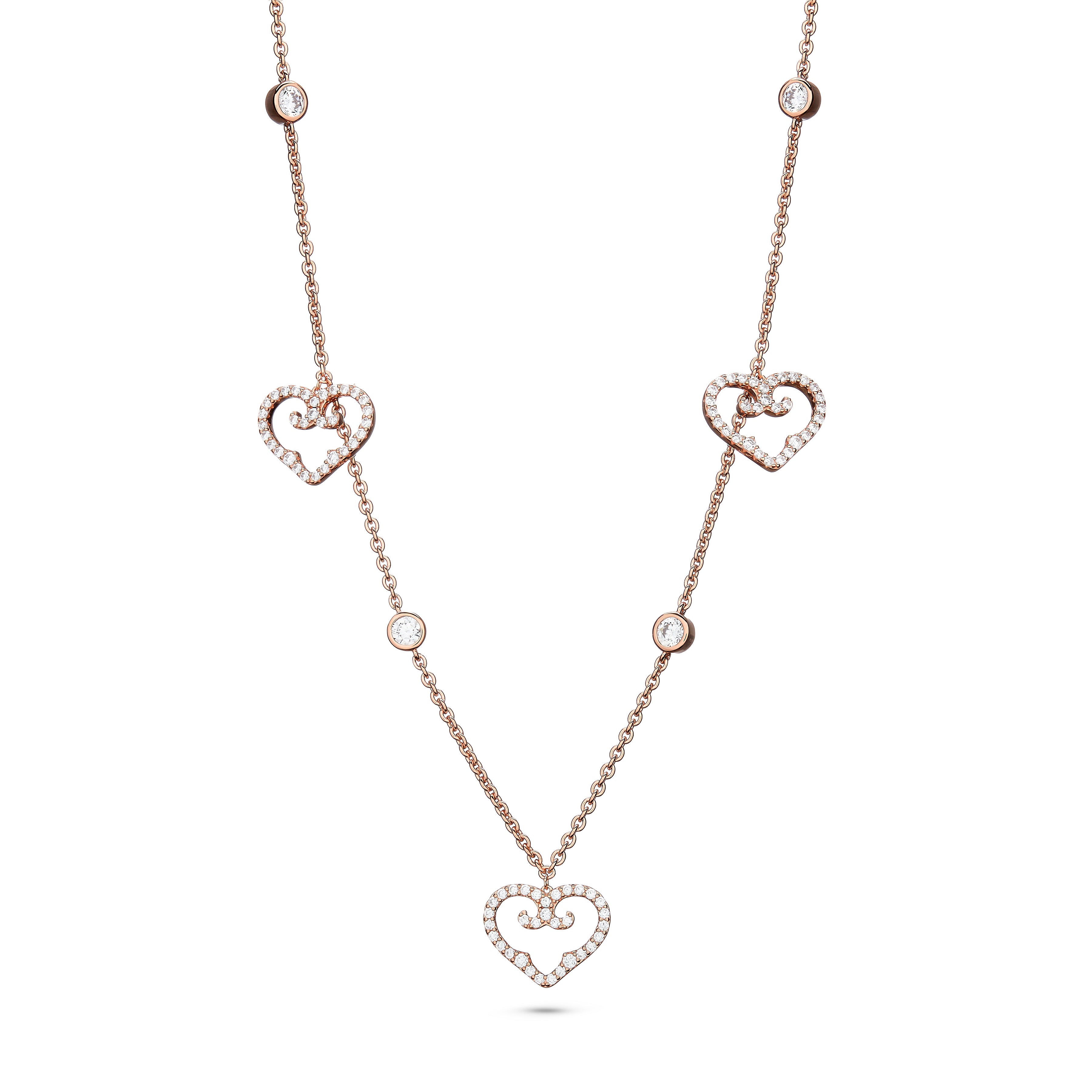 Rose gold necklace with heart-shaped pendants on a white background