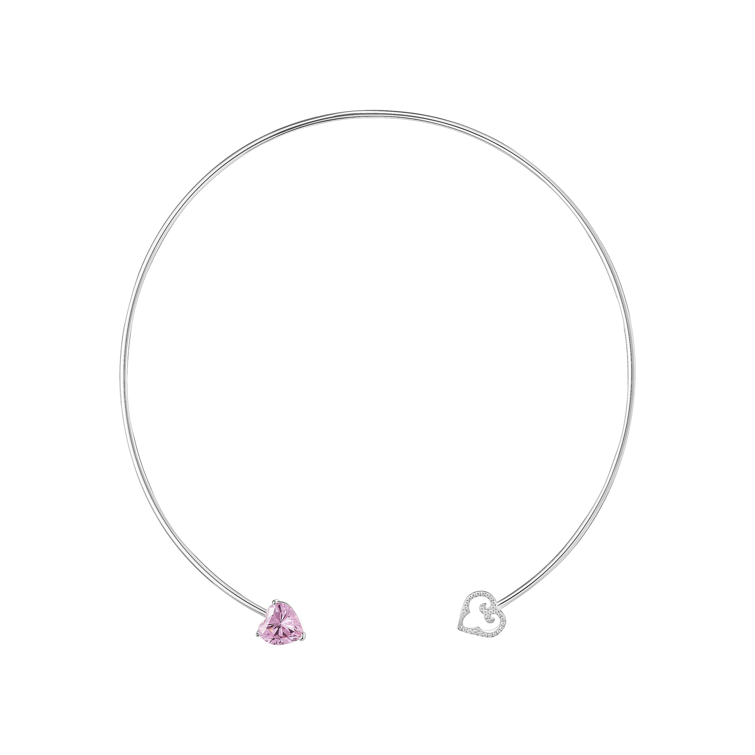 Silver necklace with a pink gemstone on a white background