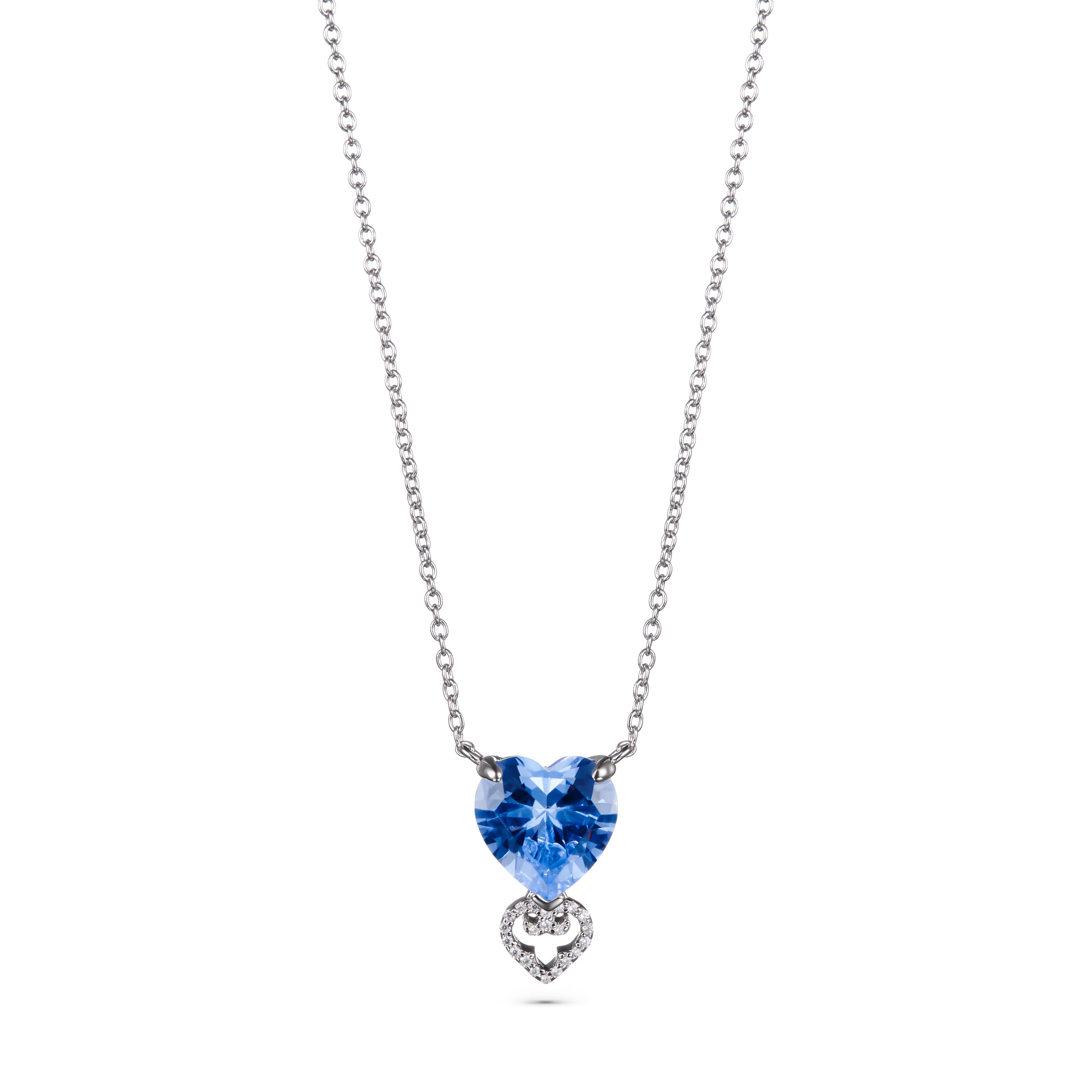 Necklace with a blue heart-shaped pendant on a white background