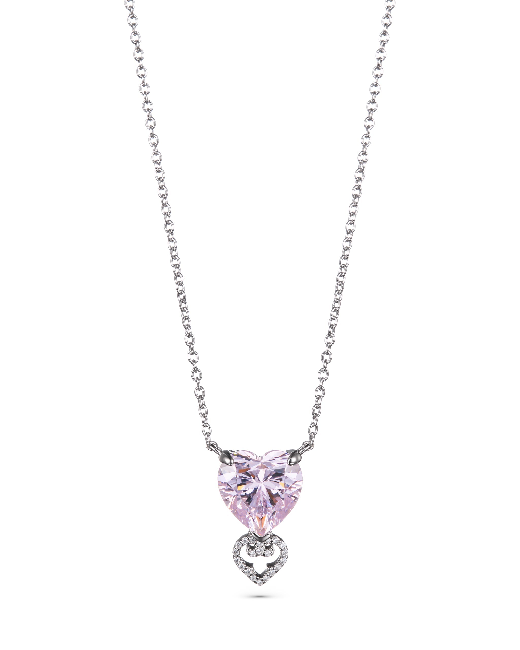 Two Hearts Pendant | Pink Stone | Rhodium