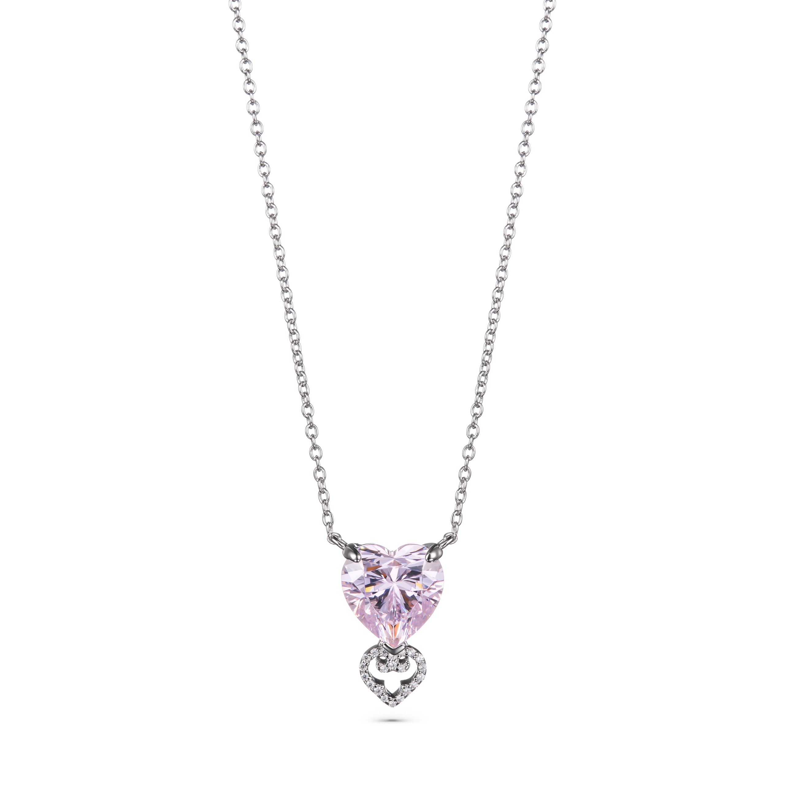 Two Hearts Pendant | Pink Stone | Rhodium