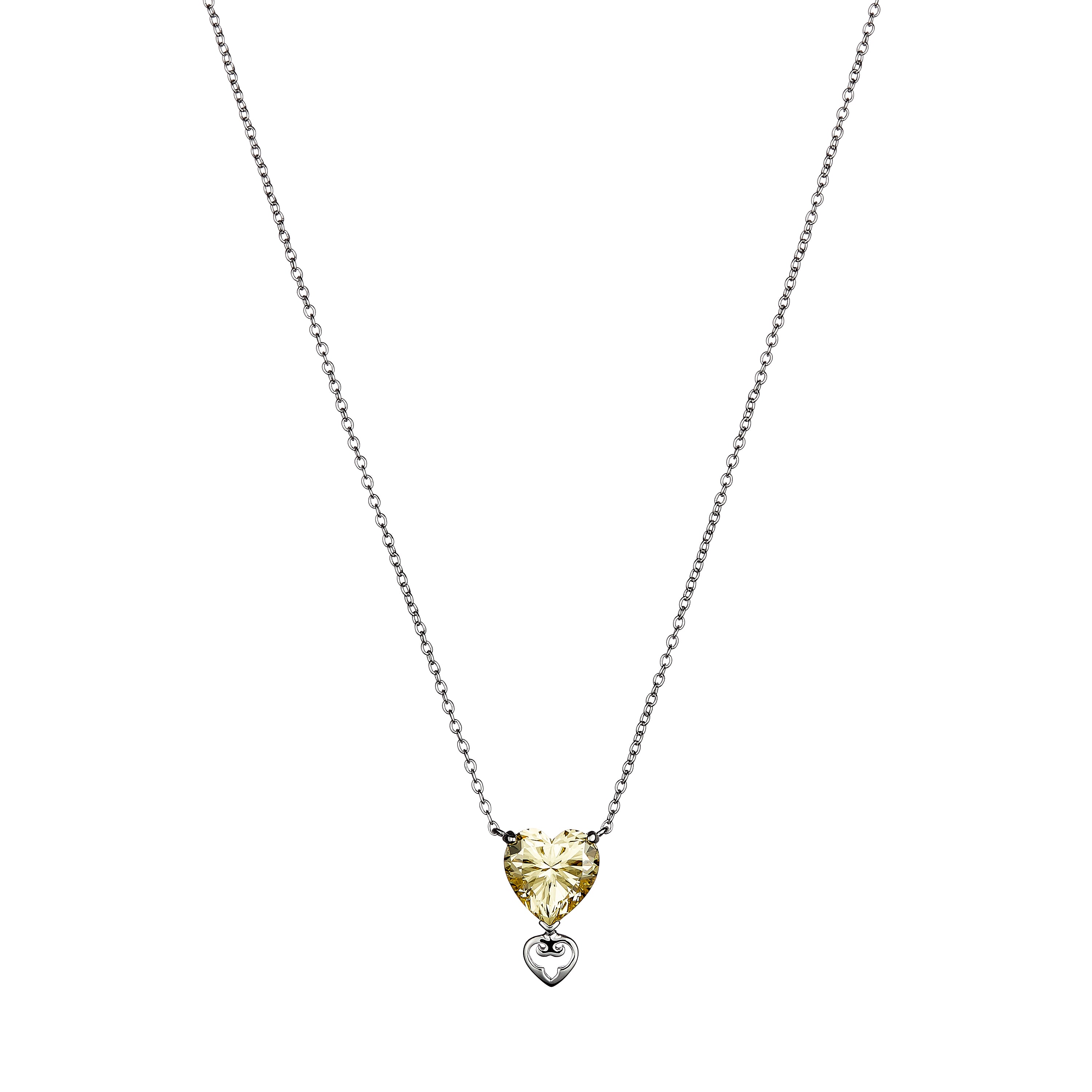 Heart-shaped pendant necklace with a yellow gemstone on a white background