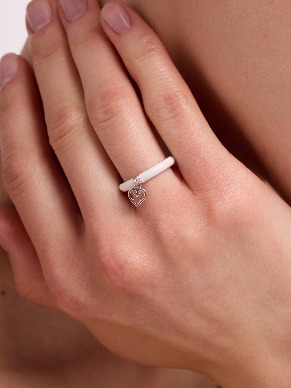 White Enamel Heart Ring | Rhodium