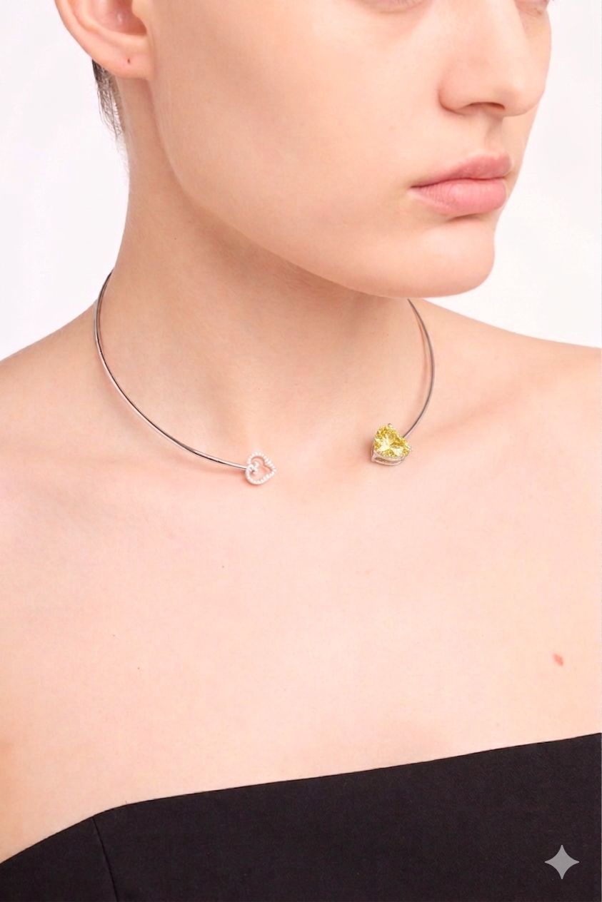Two Hearts Choker | Yellow Stone | Rhodium