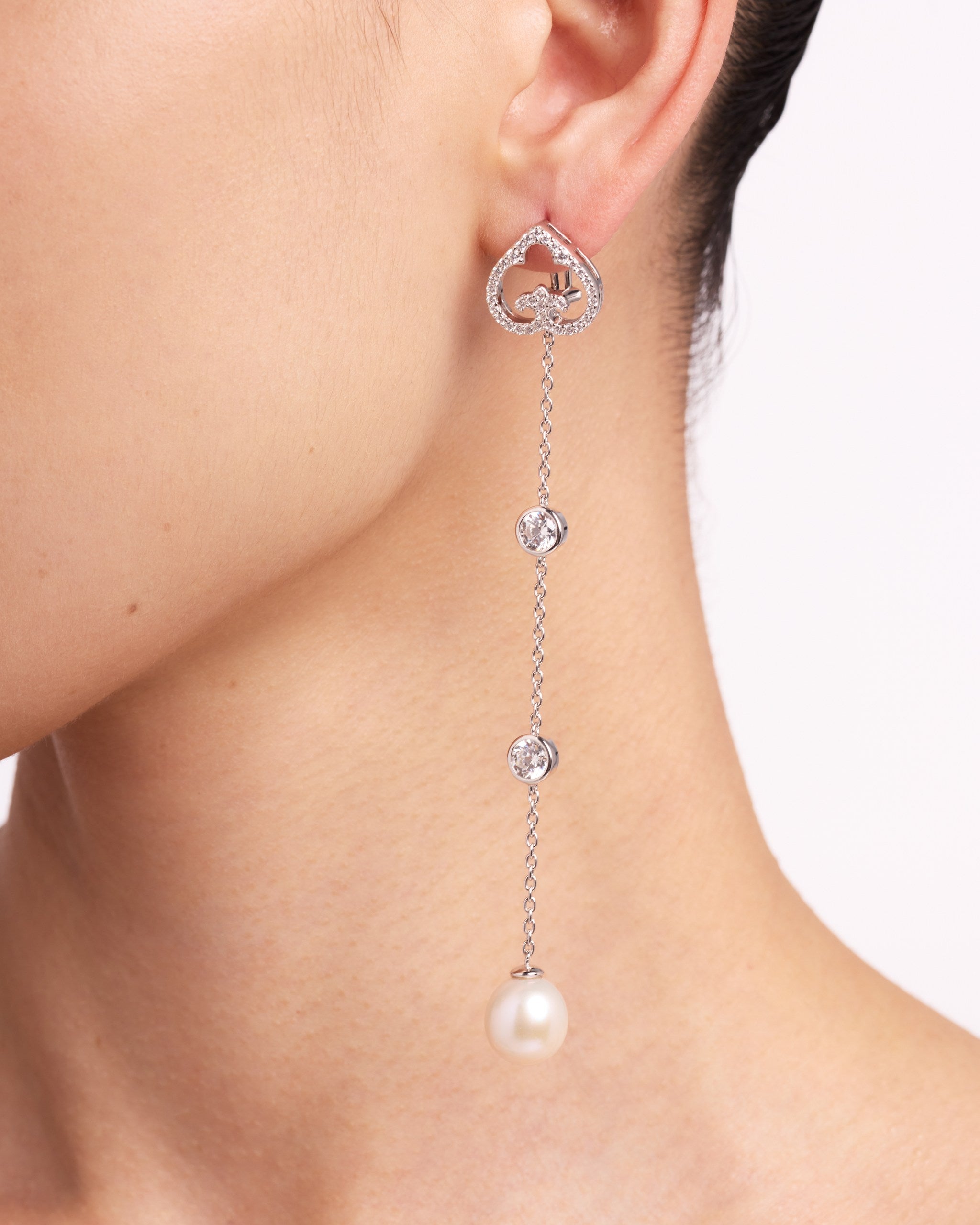 Heart Pearl Drop Earrings | Rhodium