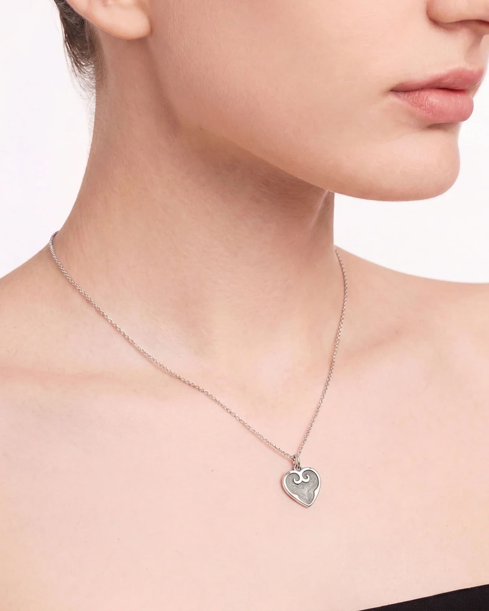 White Enamel Heart Pendant | Rhodium
