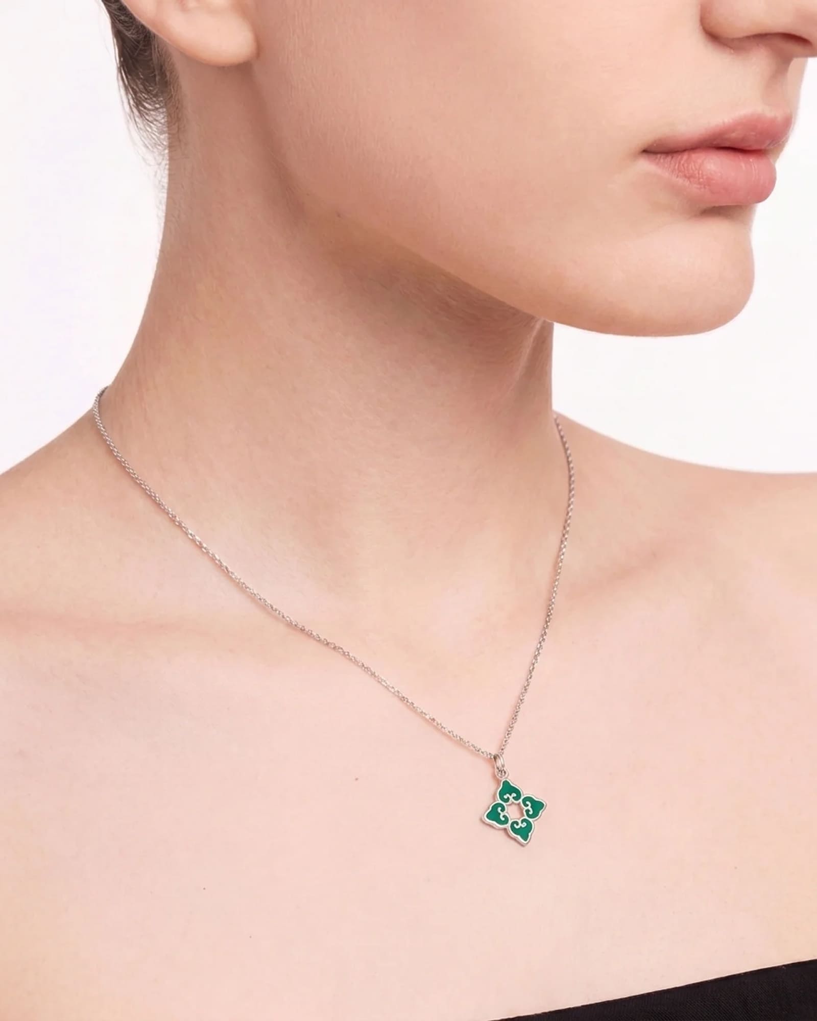 Classic Green Enamel Pendant | Rhodium