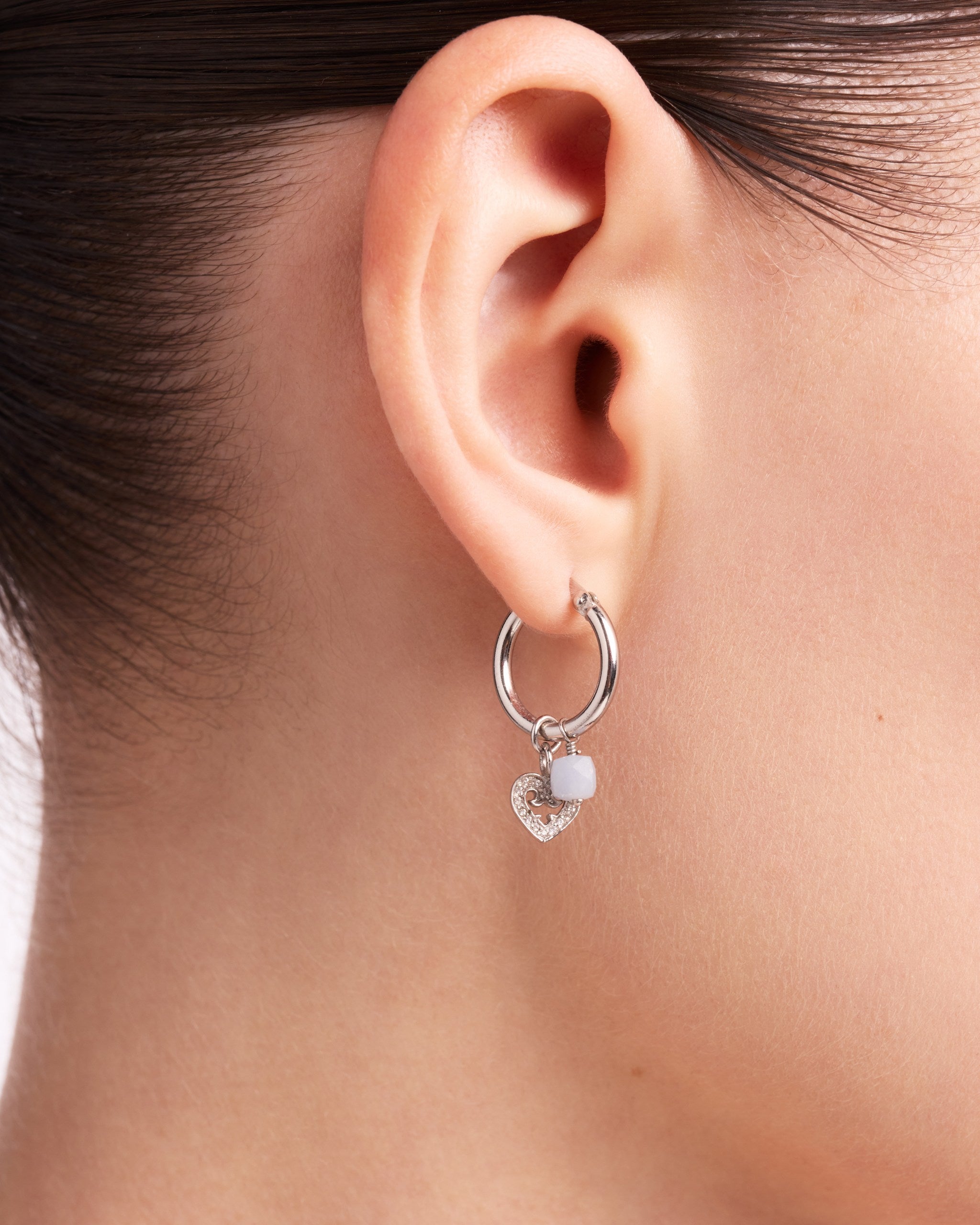 Heart Hoop Earrings | Blue Agate | Rhodium