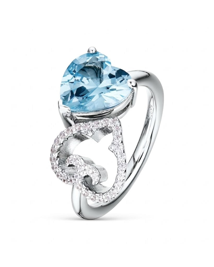 Two Hearts Ring | Light Blue Stone | Rhodium
