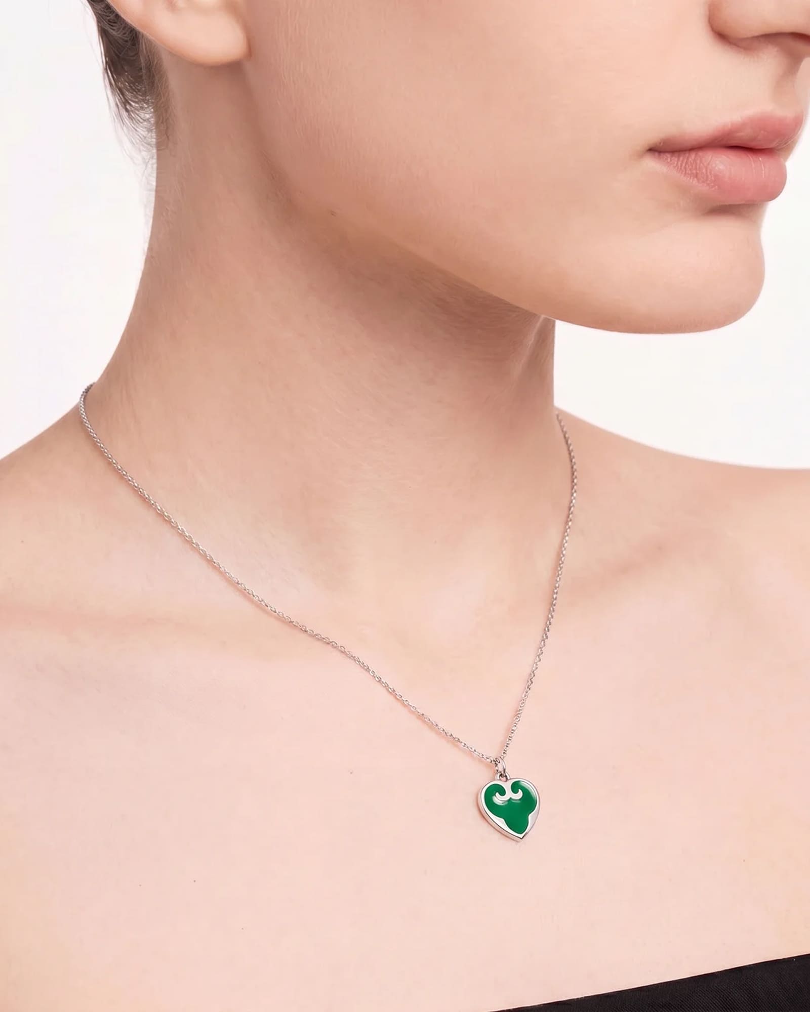 Green Enamel Heart Pendant | Rhodium